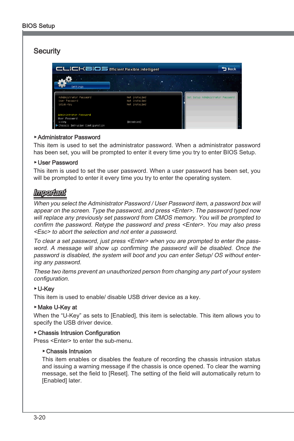 Chapter 3, Securty, Important | MSI P67A-G43 (B3) User Manual | Page 58 / 80