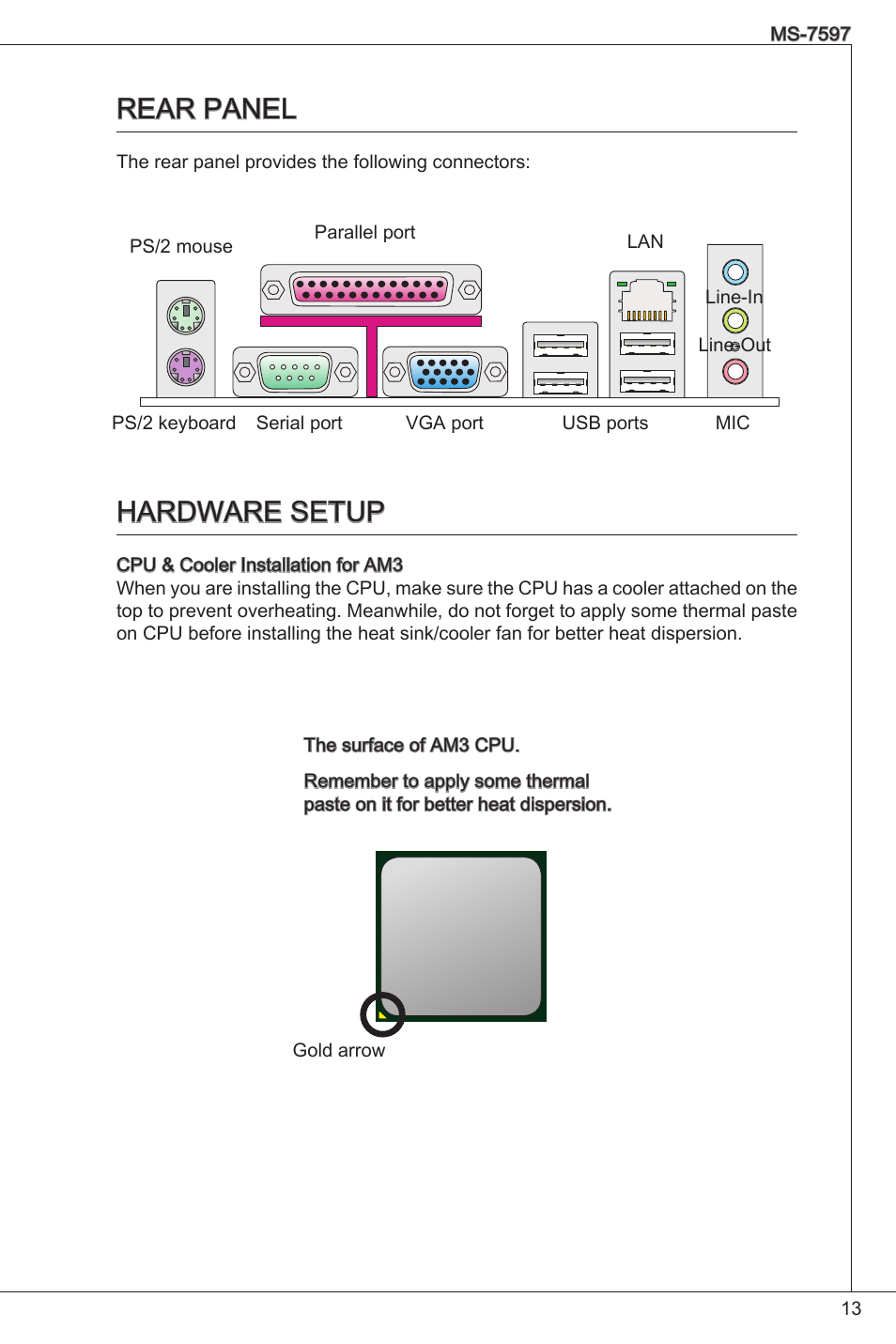 Rear panel, Hardware setup | MSI NF725GM-P31 User Manual | Page 13 / 169