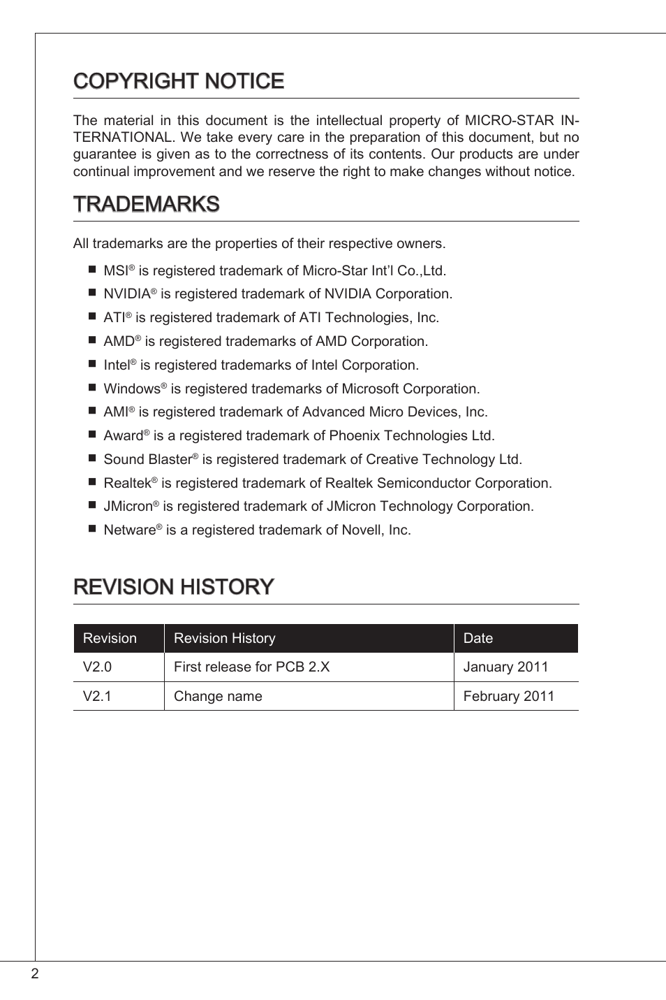 Copyright notice, Trademarks, Revision history | MSI NF725GM-P31 User Manual | Page 2 / 169