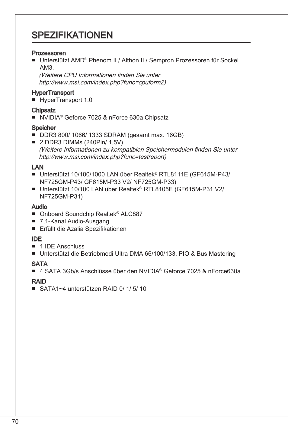 Spezifikationen | MSI NF725GM-P31 User Manual | Page 70 / 169