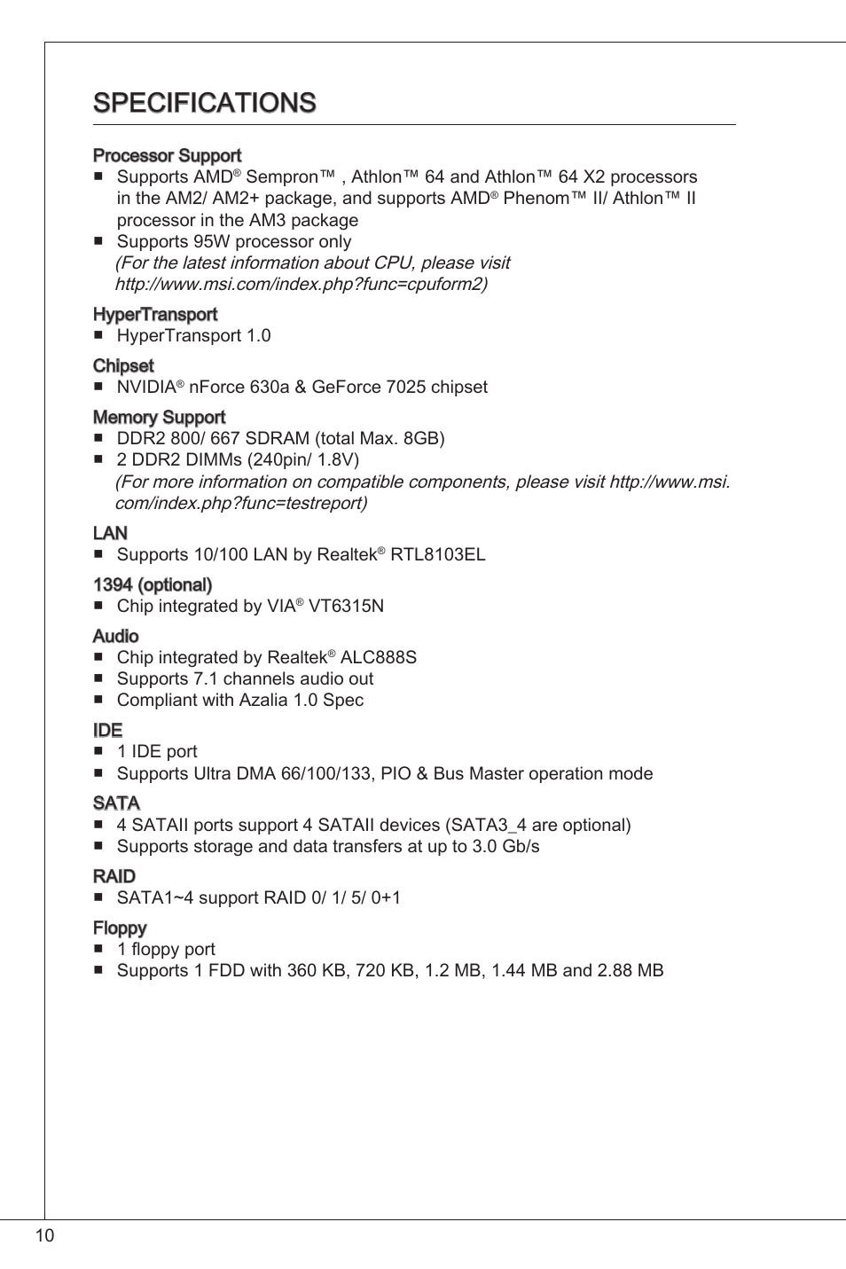 Specifications | MSI K9N6PGM2-V2(FOR EUP v2.2) User Manual | Page 10 / 153