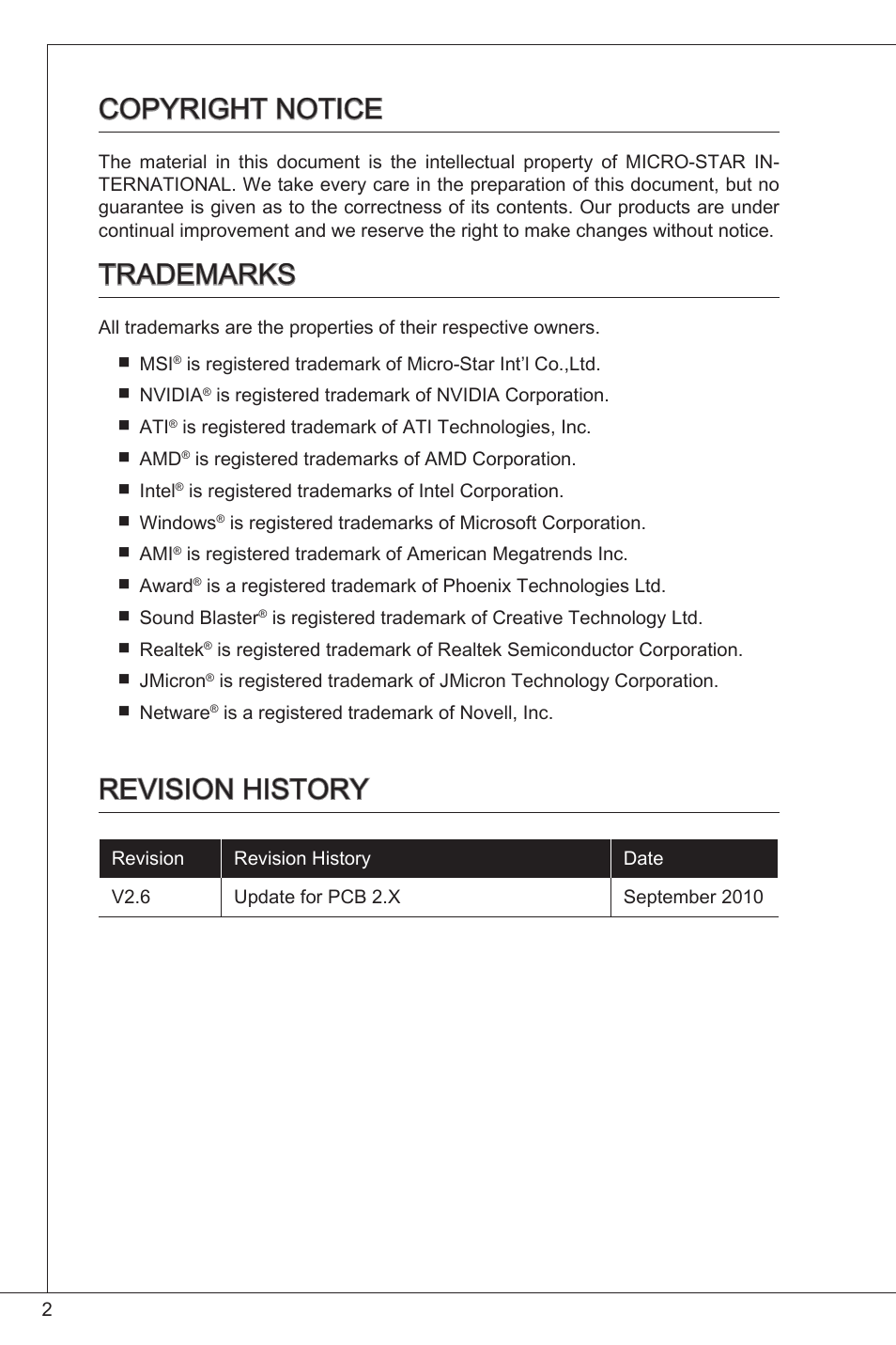 Copyright notice, Trademarks, Revision history | MSI K9N6PGM2-V2(FOR EUP v2.2) User Manual | Page 2 / 153