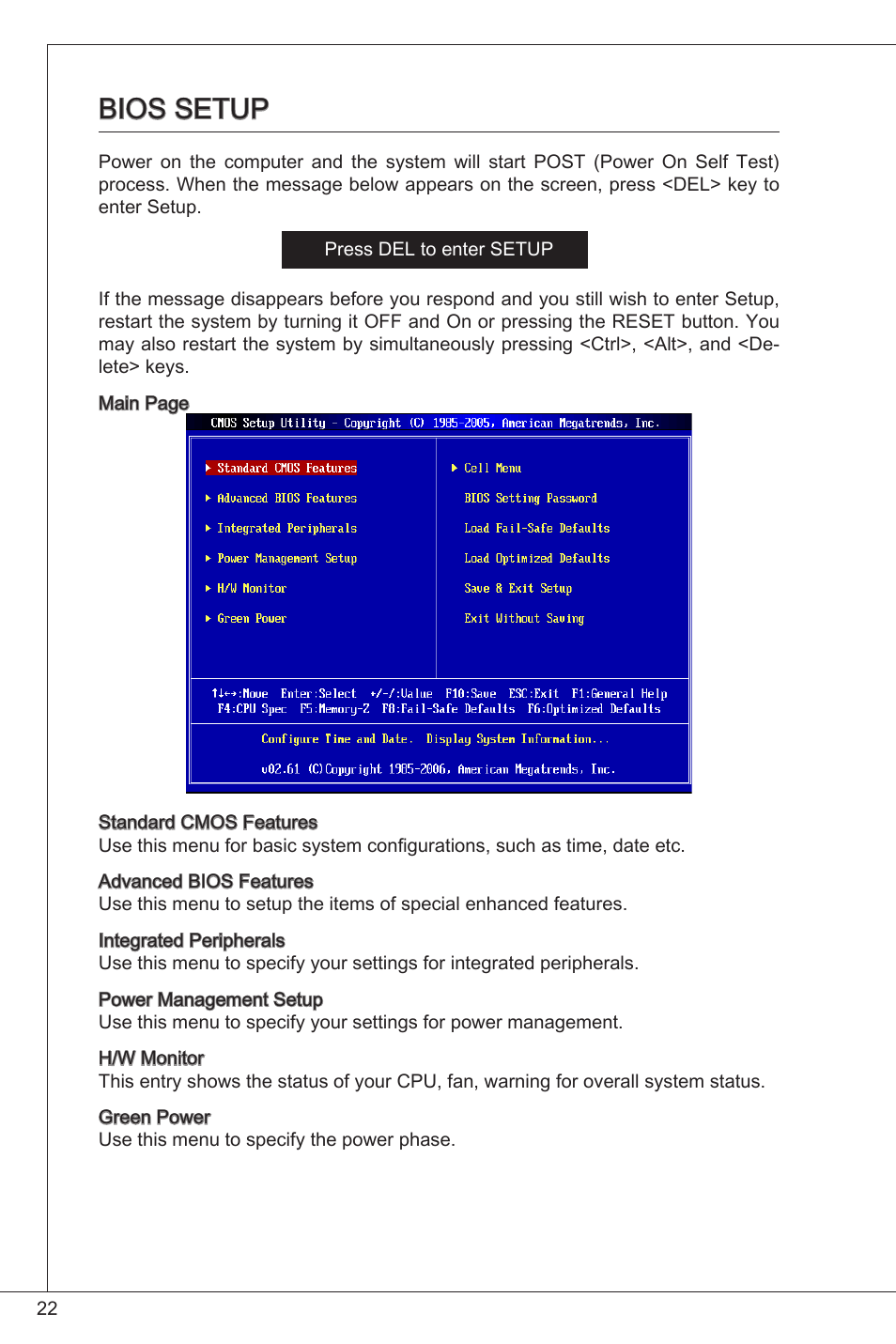 Bios setup | MSI K9N6PGM2-V2(FOR EUP v2.2) User Manual | Page 22 / 153