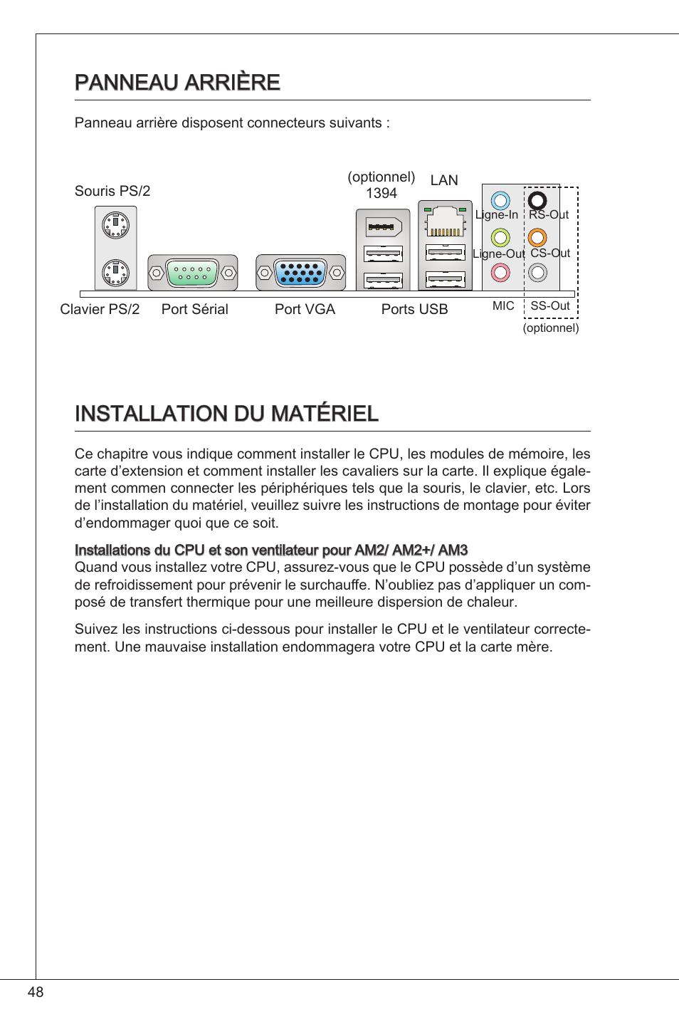 Panneau arrière installation du matériel, Panneau arrière, Installation du matériel | MSI K9N6PGM2-V2(FOR EUP v2.2) User Manual | Page 48 / 153