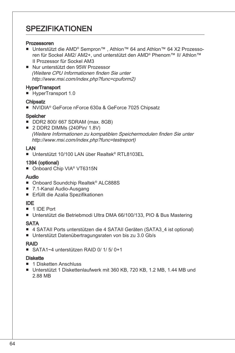 Spezifikationen | MSI K9N6PGM2-V2(FOR EUP v2.2) User Manual | Page 64 / 153