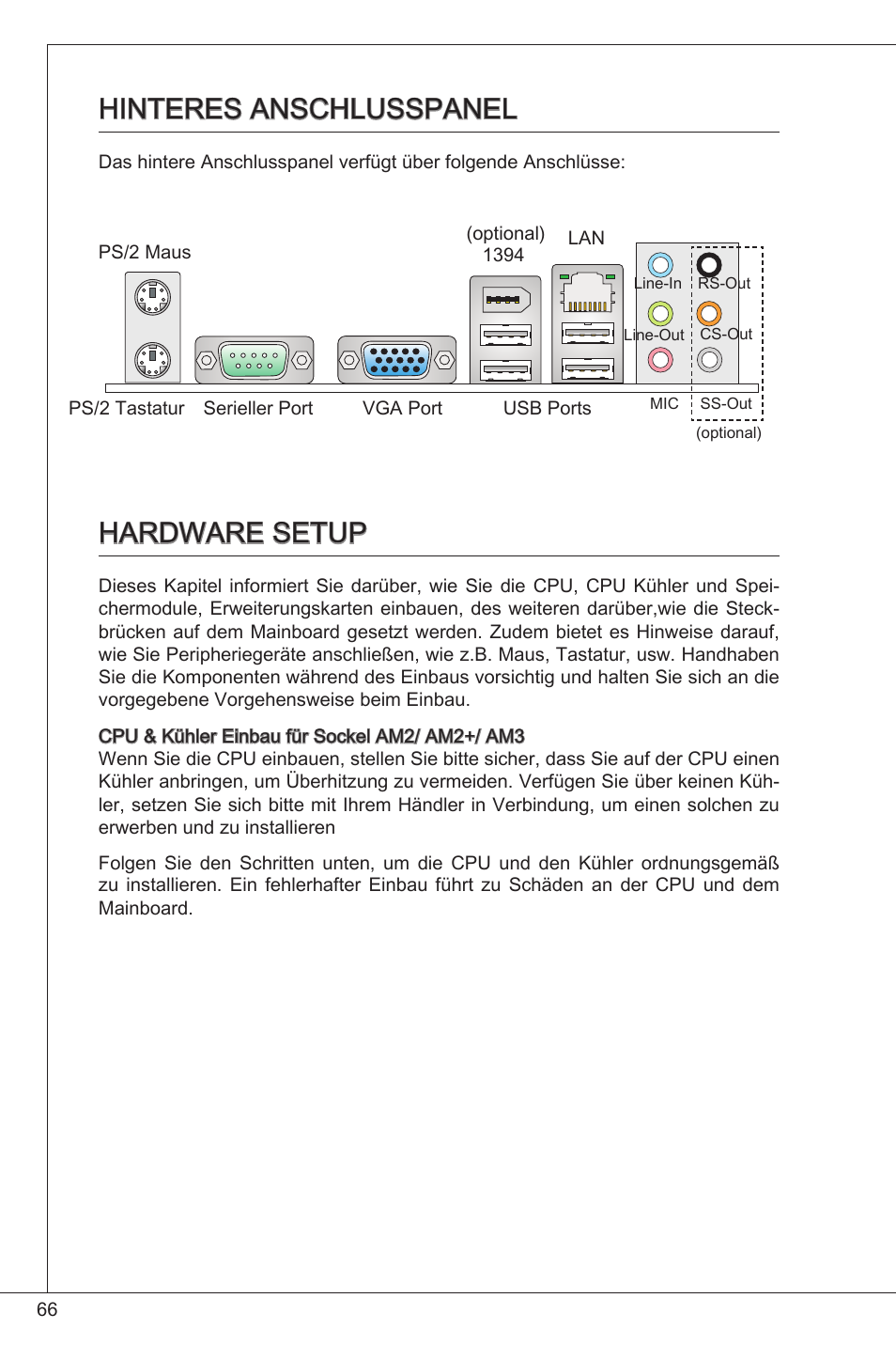 Hinteres anschlusspanel hardware setup, Hinteres anschlusspanel, Hardware setup | MSI K9N6PGM2-V2(FOR EUP v2.2) User Manual | Page 66 / 153