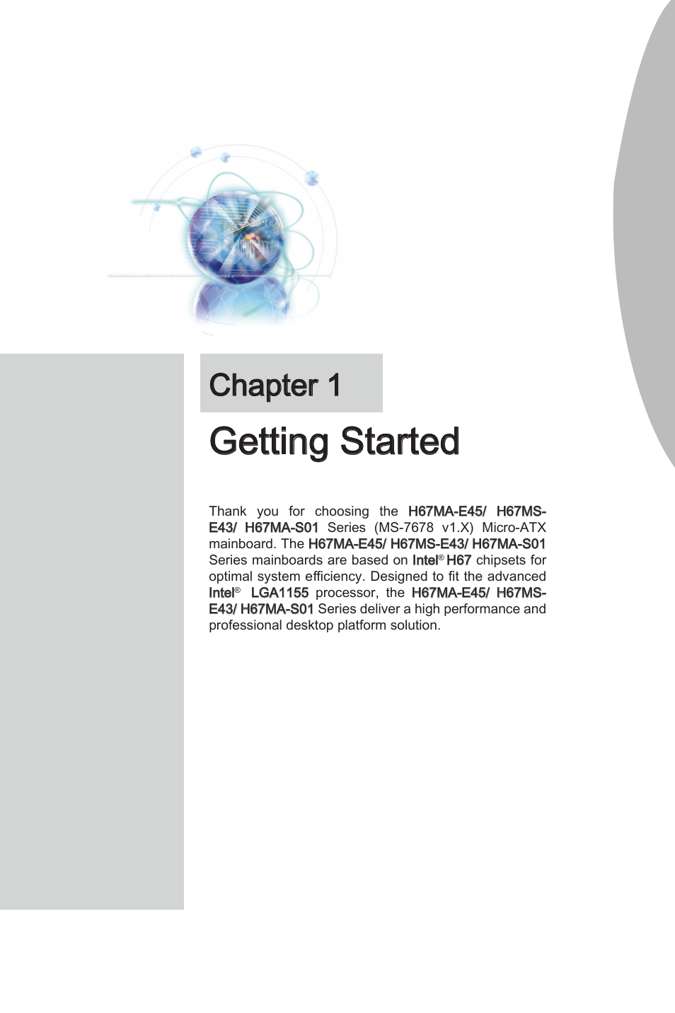 Chapter 1, Getting started, Chapter 1 gettng started -1 | Gettng started | MSI H67MA-E45 (B3) User Manual | Page 11 / 78
