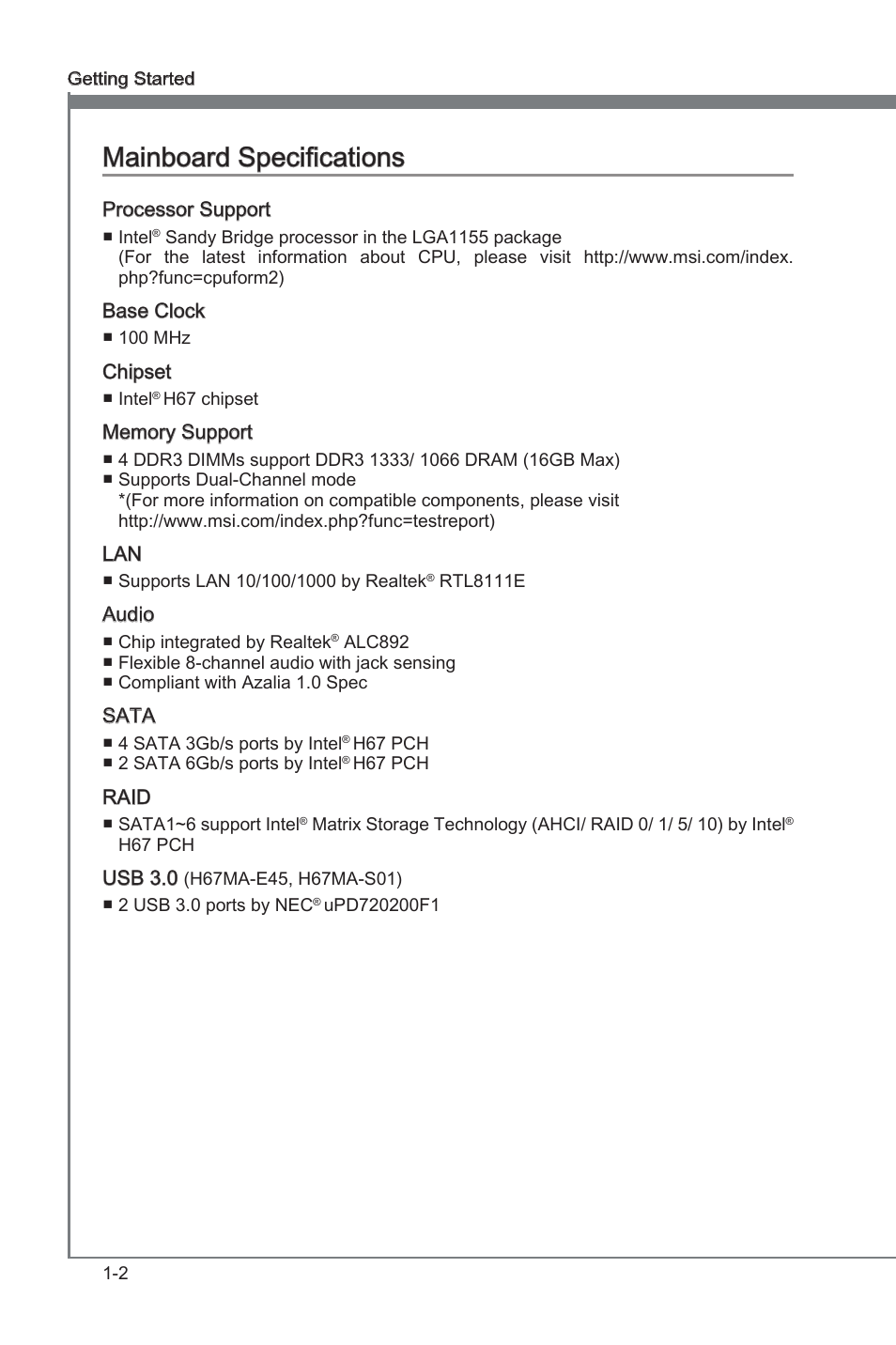 Mainboard specifications, Manboard specficatons -2, Manboard specficatons | MSI H67MA-E45 (B3) User Manual | Page 12 / 78