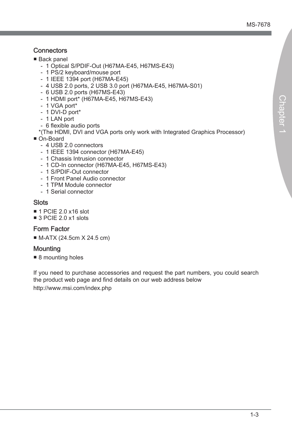 Chapter 1 | MSI H67MA-E45 (B3) User Manual | Page 13 / 78