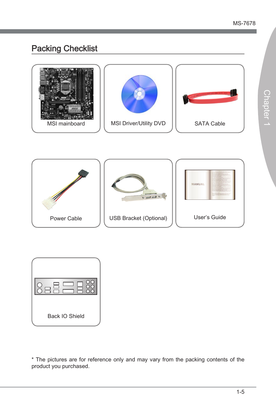Packing checklist, Packng checklst -5, Chapter 1 | Packng checklst | MSI H67MA-E45 (B3) User Manual | Page 15 / 78