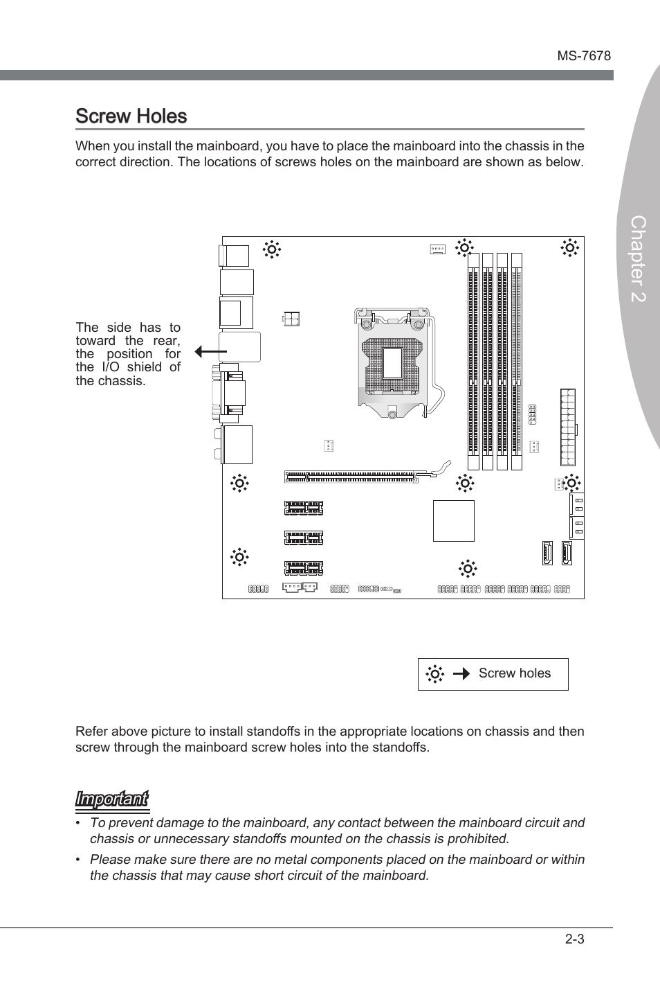 Screw holes, Screw holes -3, Chapter 2 | Chapter 2 screw holes, Important | MSI H67MA-E45 (B3) User Manual | Page 19 / 78