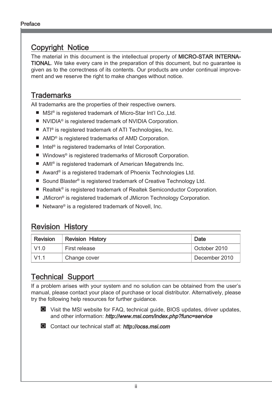 Copyright notice, Trademarks, Revision history | Technical support, Preface, Copyrght notce, Revson hstory, Techncal support | MSI H67MA-E45 (B3) User Manual | Page 2 / 78