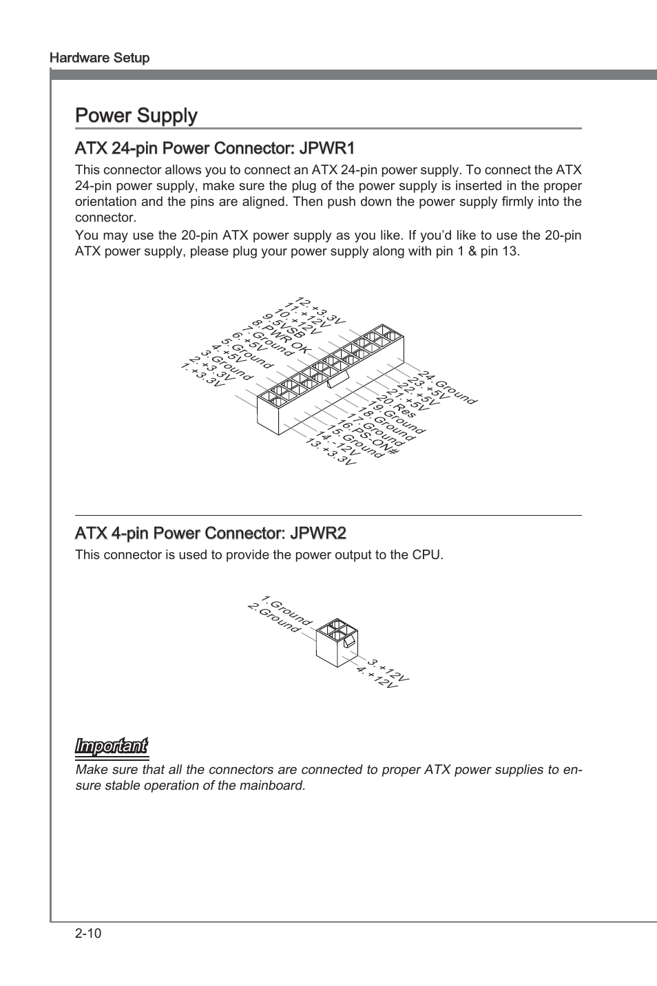 Power supply, Power supply -10, Chapter 2 | Chapter 2 power supply, Atx 24-pn power connector: jpwr1, Atx 4-pn power connector: jpwr2, Important | MSI H67MA-E45 (B3) User Manual | Page 26 / 78