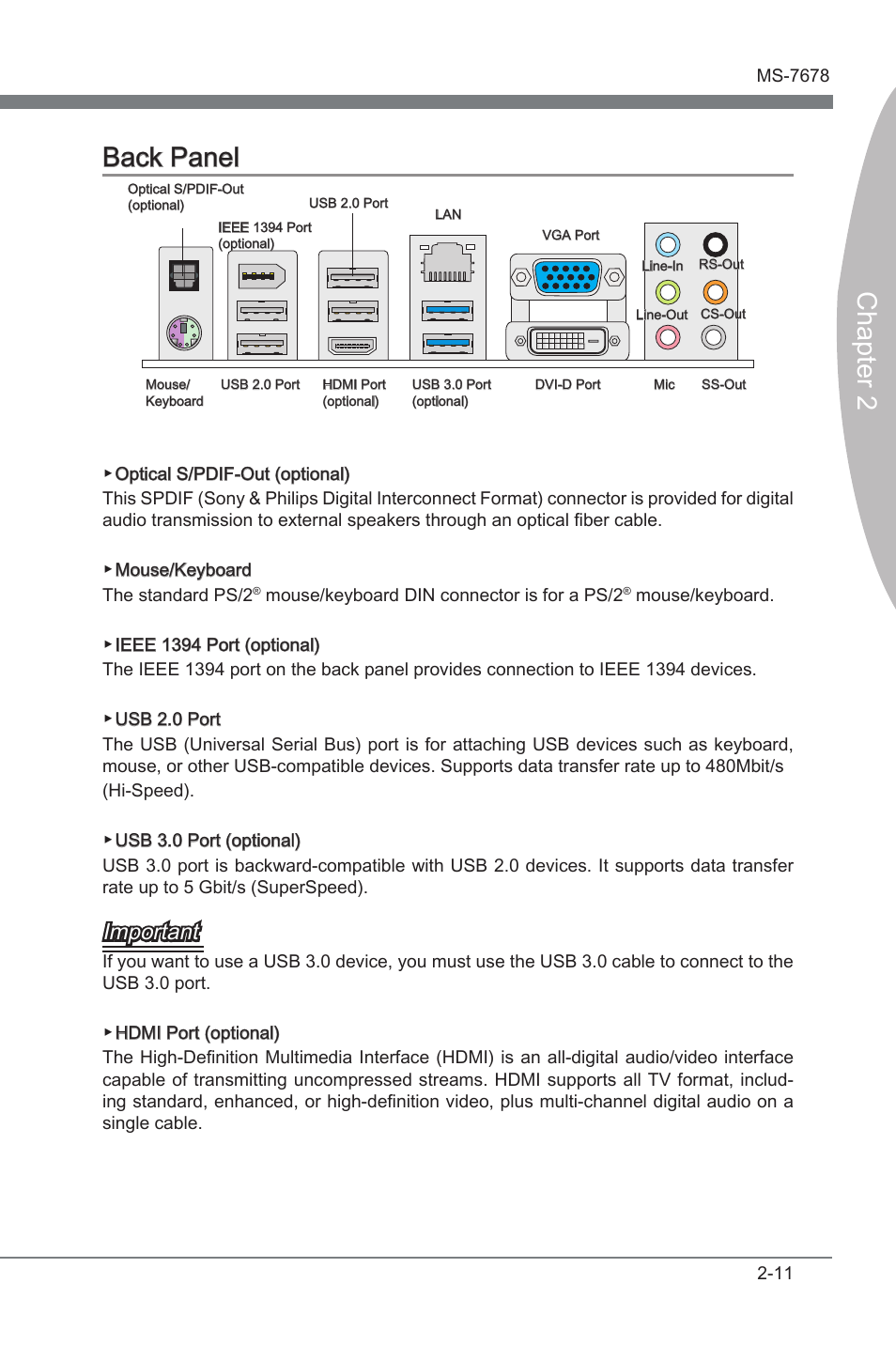 Back panel, Back panel -11, Chapter 2 | Chapter 2 back panel, Important | MSI H67MA-E45 (B3) User Manual | Page 27 / 78