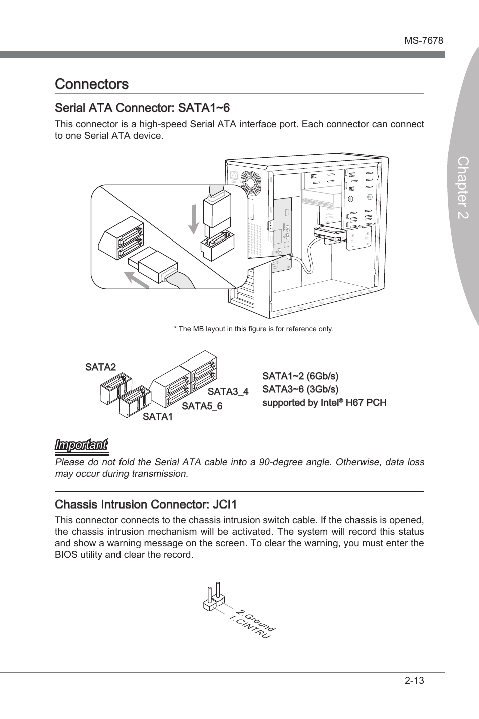 Connectors, Connectors -13, Chapter 2 | Chapter 2 connectors, Seral ata connector: sata1~6, Important, Chasss intruson connector: jci1 | MSI H67MA-E45 (B3) User Manual | Page 29 / 78