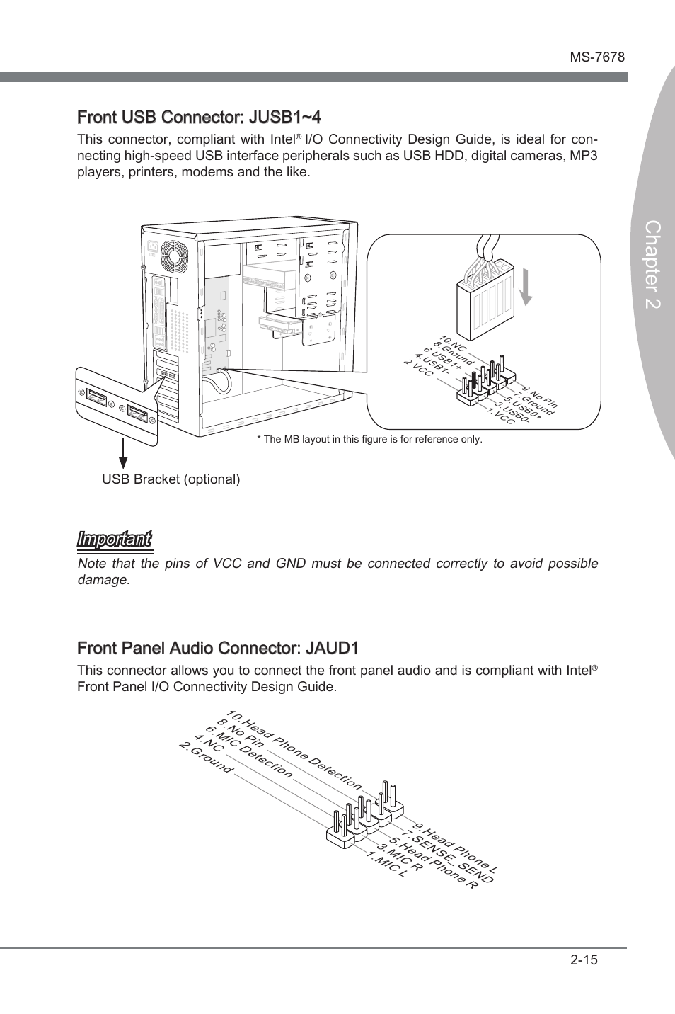 Chapter 2, Front usb connector: jusb1~4, Important | Front panel audo connector: jaud1 | MSI H67MA-E45 (B3) User Manual | Page 31 / 78