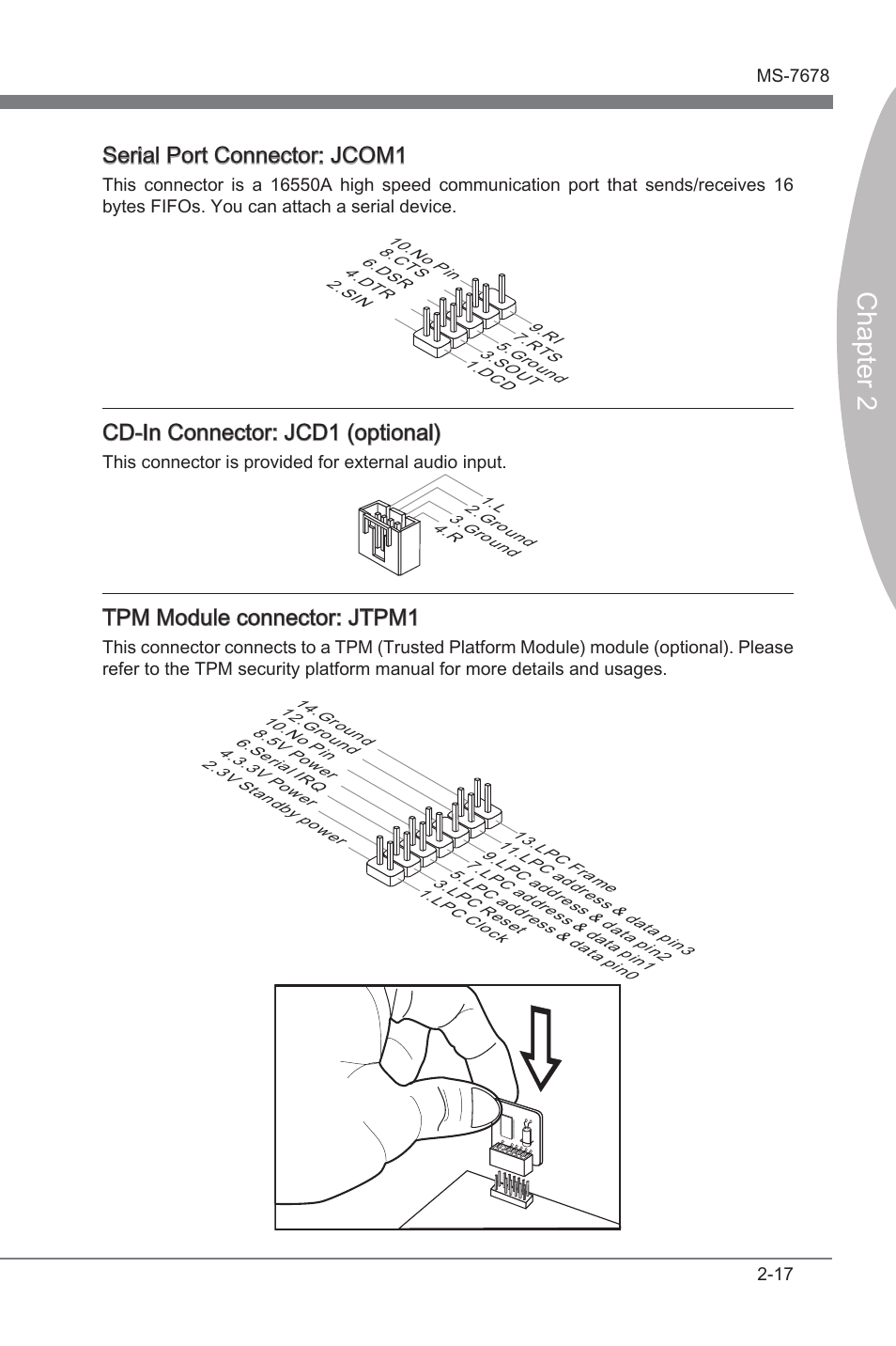 Chapter 2, Seral port connector: jcom1, Cd-in connector: jcd1 (optonal) | Tpm module connector: jtpm1 | MSI H67MA-E45 (B3) User Manual | Page 33 / 78