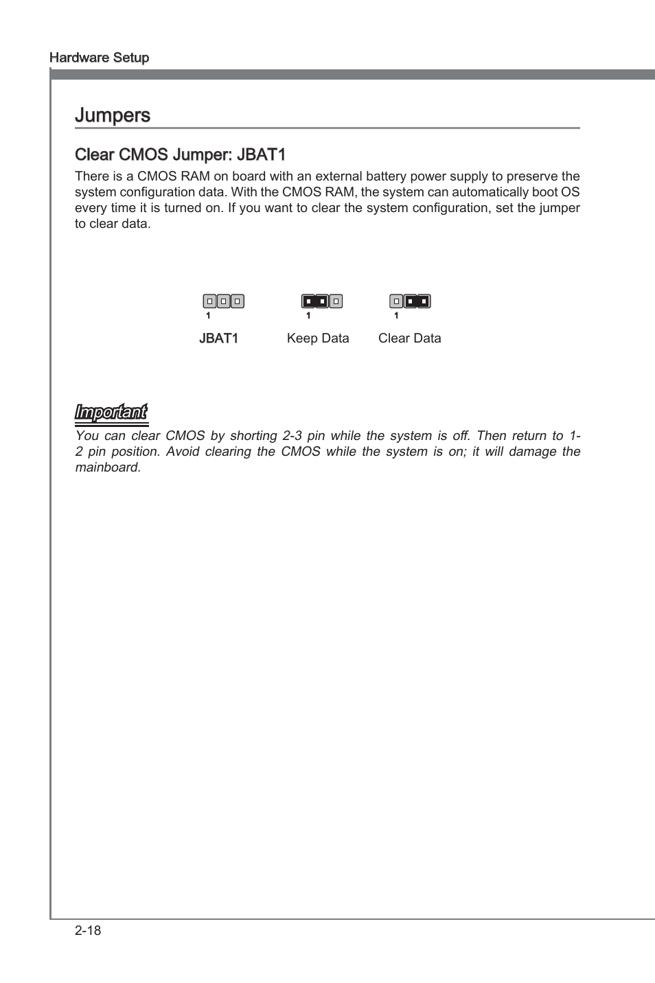 Jumpers, Jumpers -18, Chapter 2 | Chapter 2 jumpers, Clear cmos jumper: jbat1, Important | MSI H67MA-E45 (B3) User Manual | Page 34 / 78