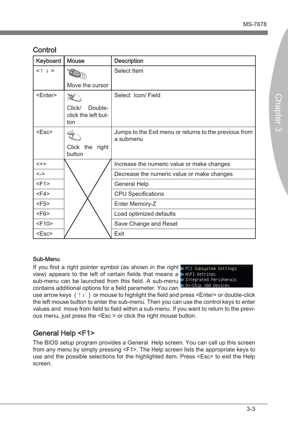 Chapter 3, Control, General help <f1 | MSI H67MA-E45 (B3) User Manual | Page 39 / 78