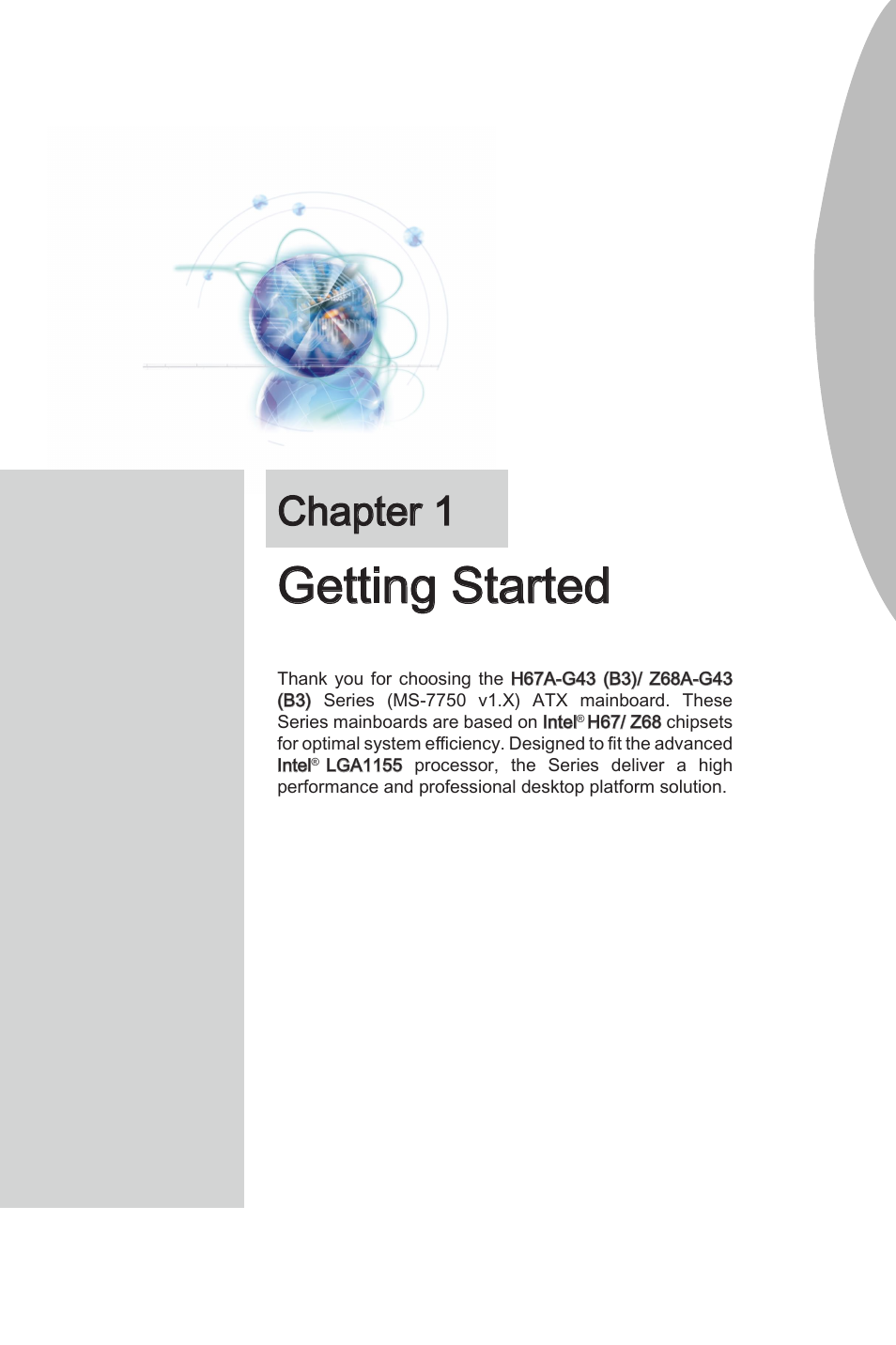 Chapter 1, Getting started, Chapter 1 gettng started -1 | Gettng started | MSI H67A-G43 (B3) User Manual | Page 11 / 78