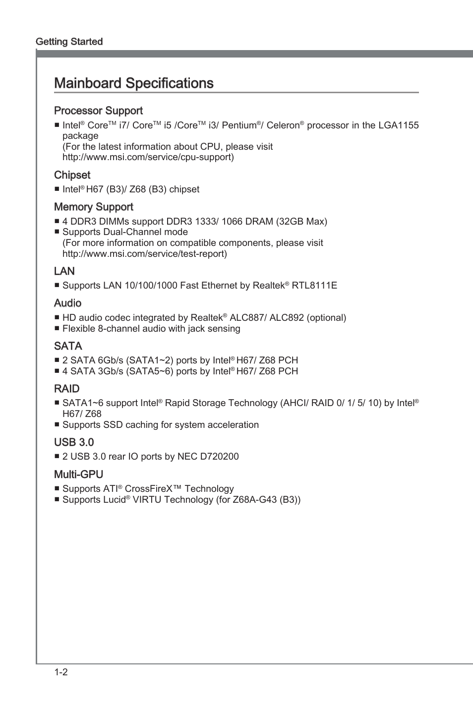 Mainboard specifications, Manboard specficatons -2, Manboard specficatons | MSI H67A-G43 (B3) User Manual | Page 12 / 78