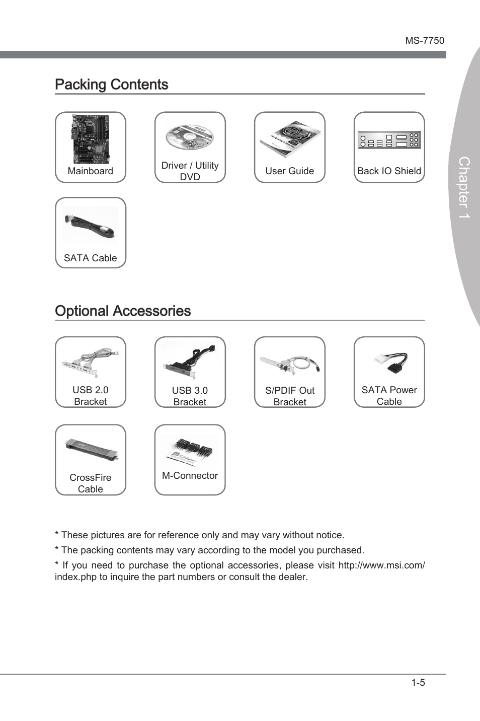 Packing contents, Optional accessories, Packng contents -5 optonal accessores -5 | Chapter 1 packng contents, Optonal accessores | MSI H67A-G43 (B3) User Manual | Page 15 / 78