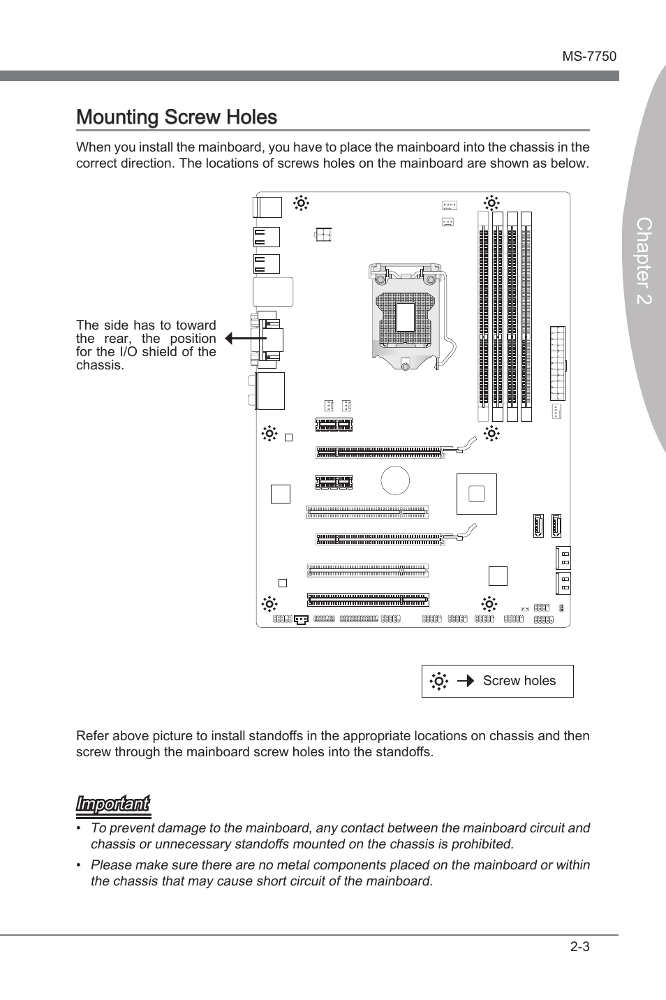 Mounting screw holes, Mountng screw holes -3, Chapter 2 mountng screw holes | Important | MSI H67A-G43 (B3) User Manual | Page 19 / 78