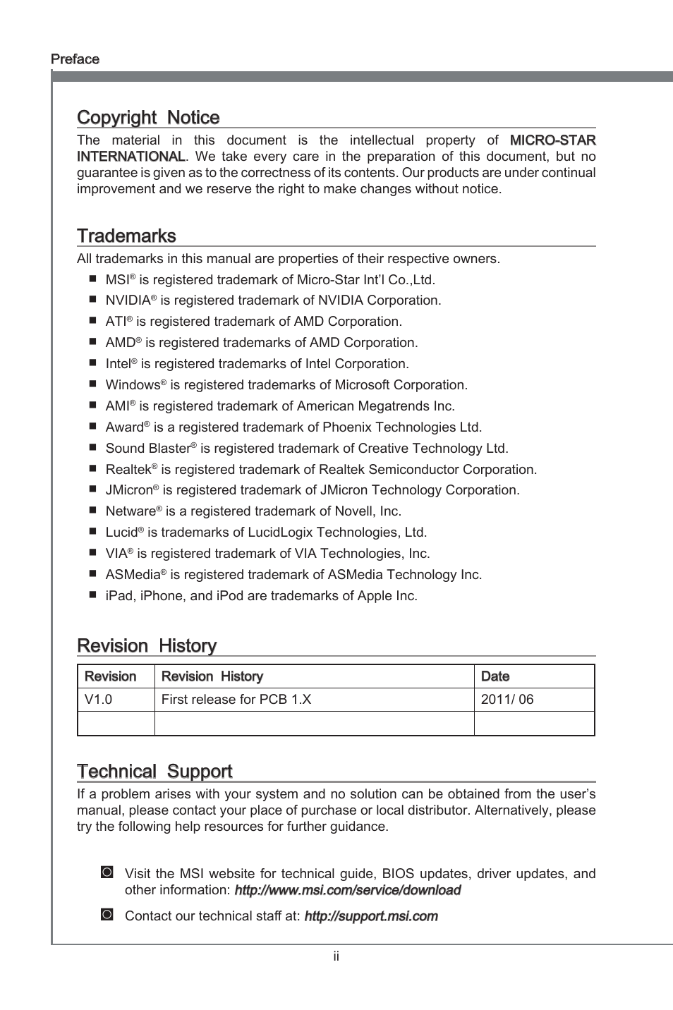 Copyright notice, Trademarks, Revision history | Technical support, Preface, Copyrght notce, Revson hstory, Techncal support | MSI H67A-G43 (B3) User Manual | Page 2 / 78