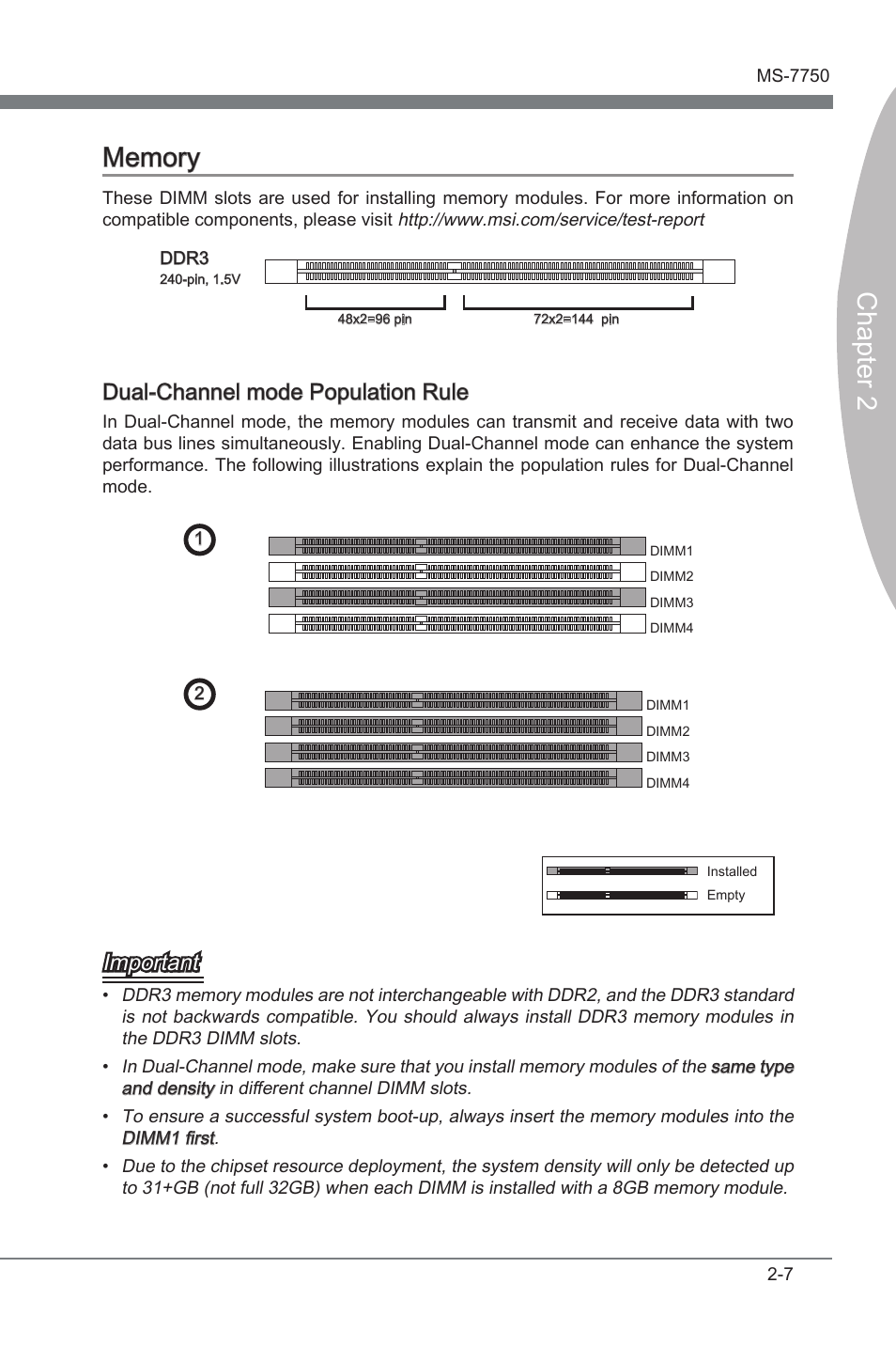 Memory, Memory -7, Dual-channel mode populaton rule | Important | MSI H67A-G43 (B3) User Manual | Page 23 / 78