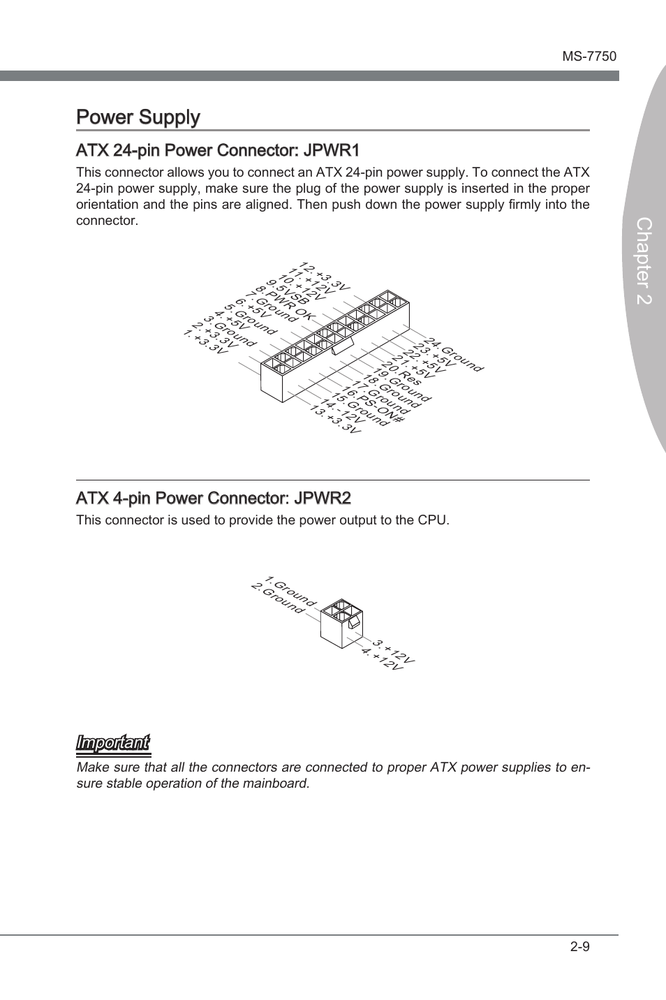 Power supply, Power supply -9, Chapter 2 power supply | Atx 24-pn power connector: jpwr1, Atx 4-pn power connector: jpwr2, Important | MSI H67A-G43 (B3) User Manual | Page 25 / 78