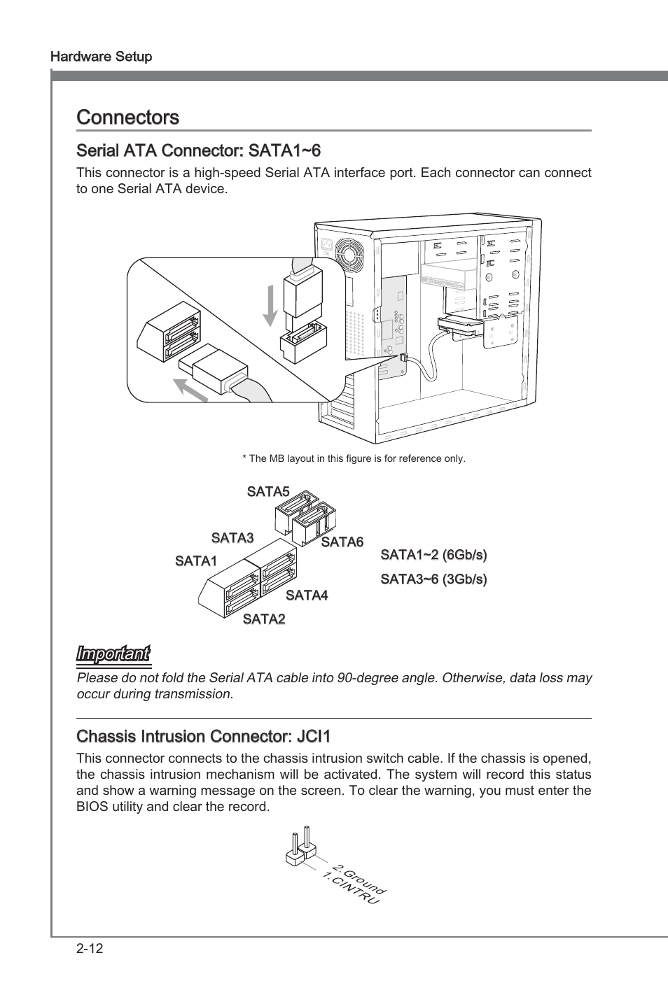 Connectors, Connectors -12, Seral ata connector: sata1~6 | Important, Chasss intruson connector: jci1 | MSI H67A-G43 (B3) User Manual | Page 28 / 78