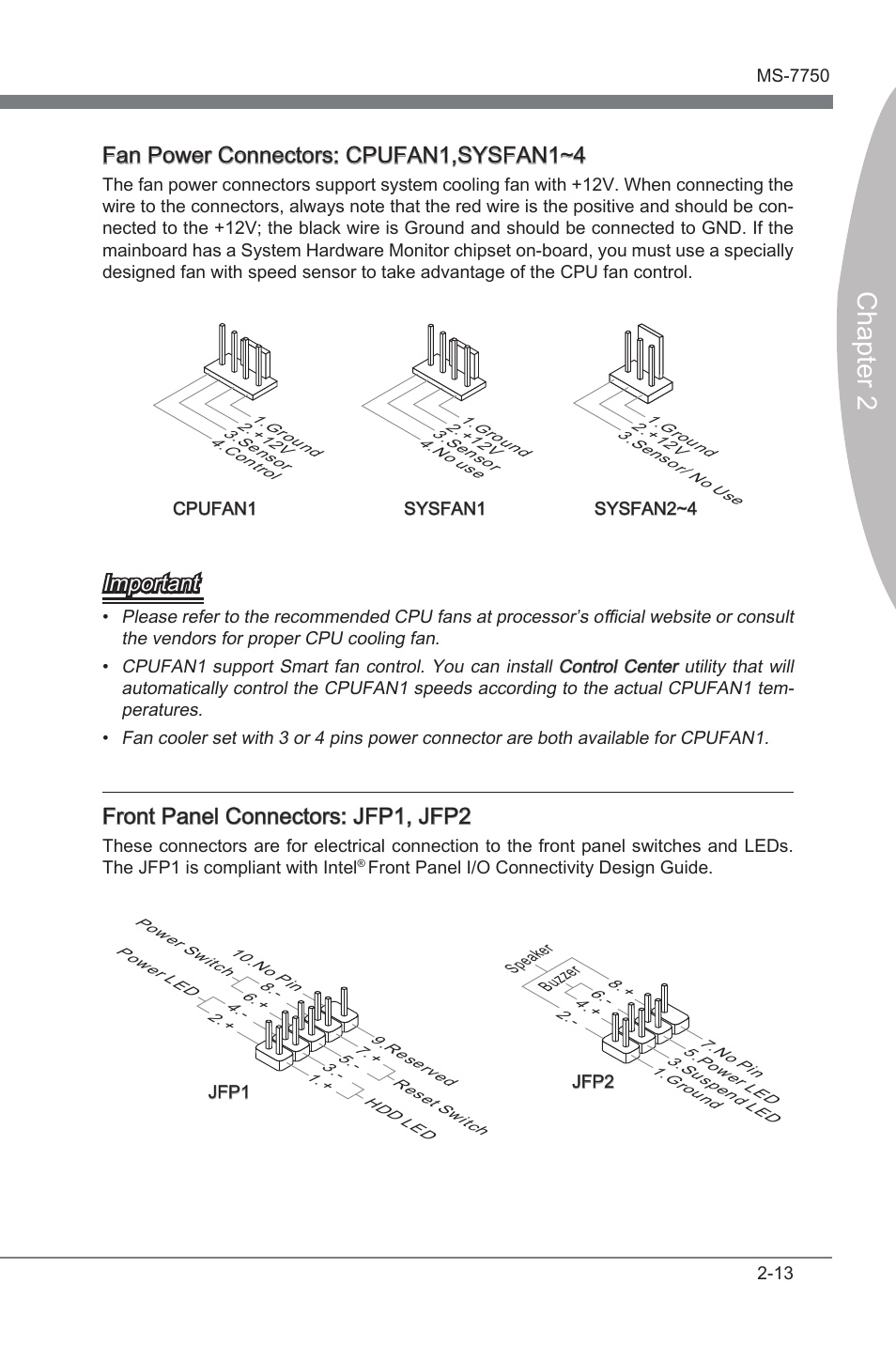 Chapter 2, Fan power connectors: cpufan1,sysfan1~4, Important | Front panel connectors: jfp1, jfp2 | MSI H67A-G43 (B3) User Manual | Page 29 / 78