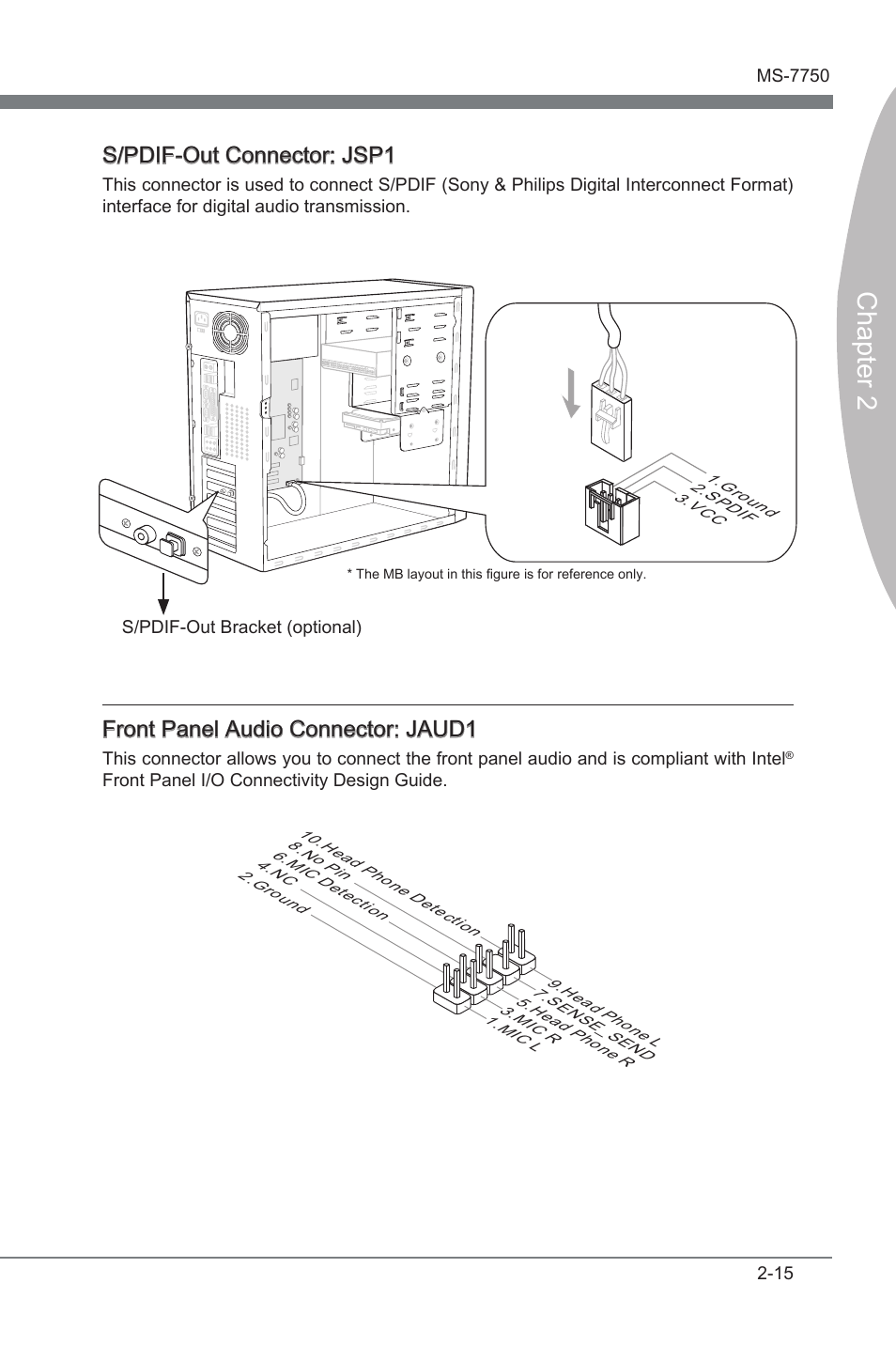 Chapter 2, S/pdif-out connector: jsp1, Front panel audo connector: jaud1 | MSI H67A-G43 (B3) User Manual | Page 31 / 78