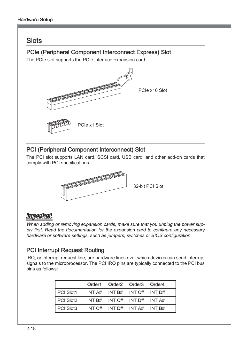 Slots, Slots -18, Pci (perpheral component interconnect) slot | Important, Pci interrupt request routng | MSI H67A-G43 (B3) User Manual | Page 34 / 78