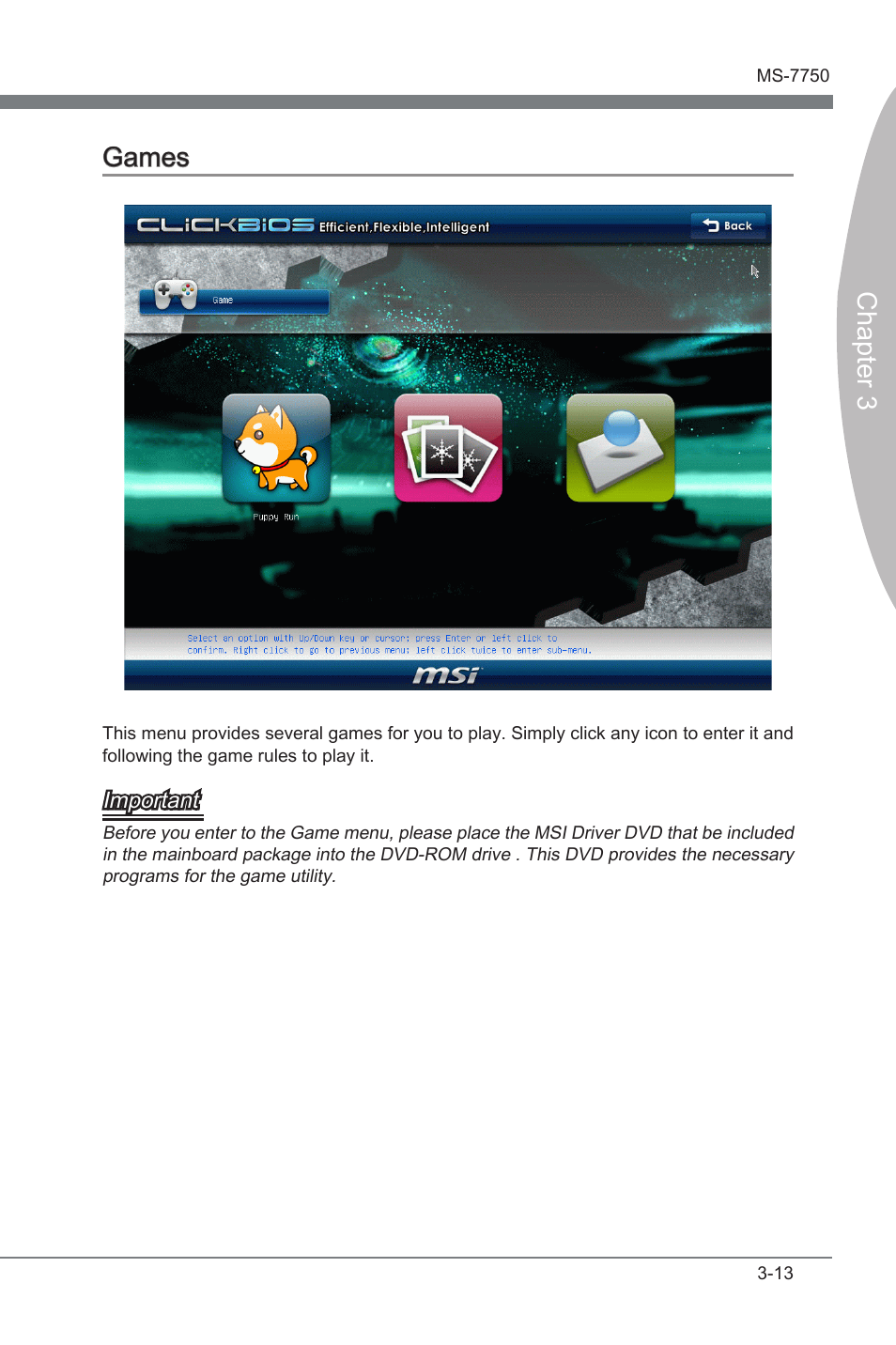 Games, Games -13, Chapter 3 games | MSI H67A-G43 (B3) User Manual | Page 47 / 78