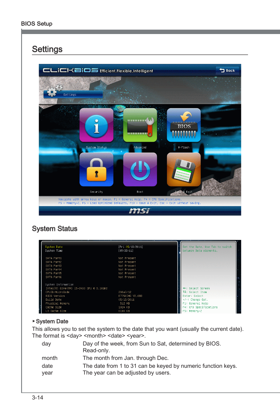 Settings, Settngs -14, Settngs | System status | MSI H67A-G43 (B3) User Manual | Page 48 / 78