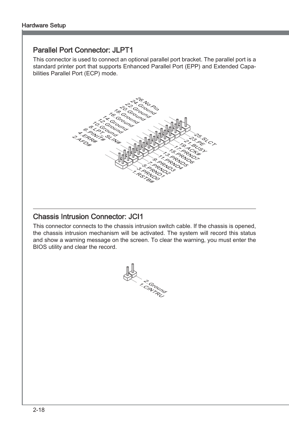 Chapter 2, Parallel port connector: jlpt1, Chasss intruson connector: jci1 | MSI H61M-E23 (B3) User Manual | Page 34 / 62