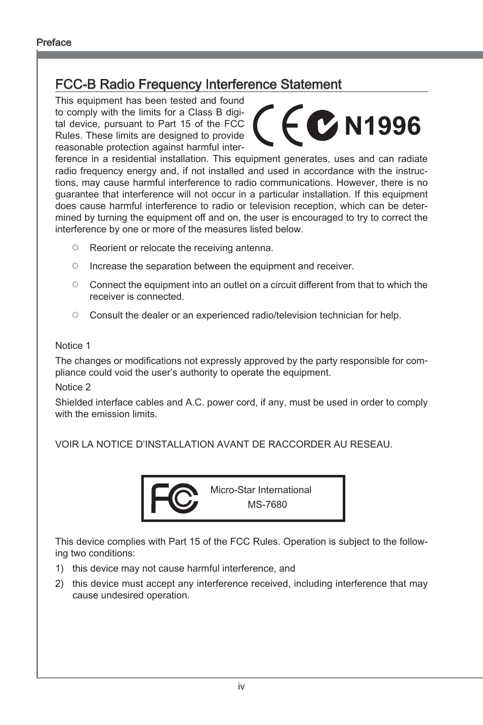 Fcc-b radio frequency interference statement, Preface, Fcc-b rado frequency interference statement | MSI H61M-E23 (B3) User Manual | Page 4 / 62