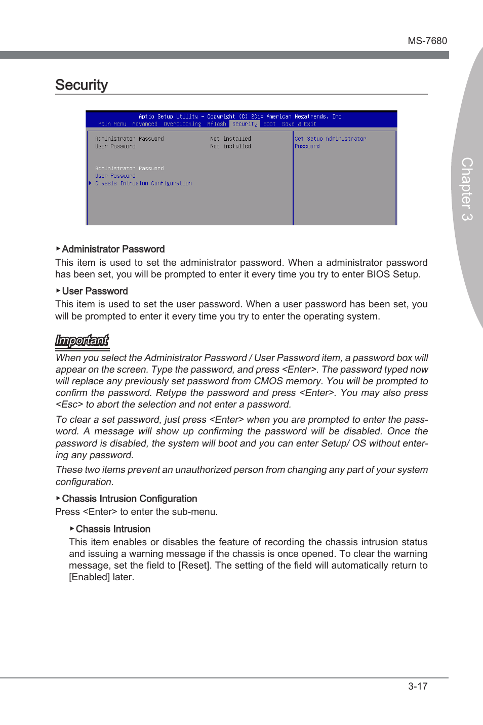 Security, Securty -17, Chapter 3 | Chapter 3 securty, Important | MSI H61M-E23 (B3) User Manual | Page 53 / 62