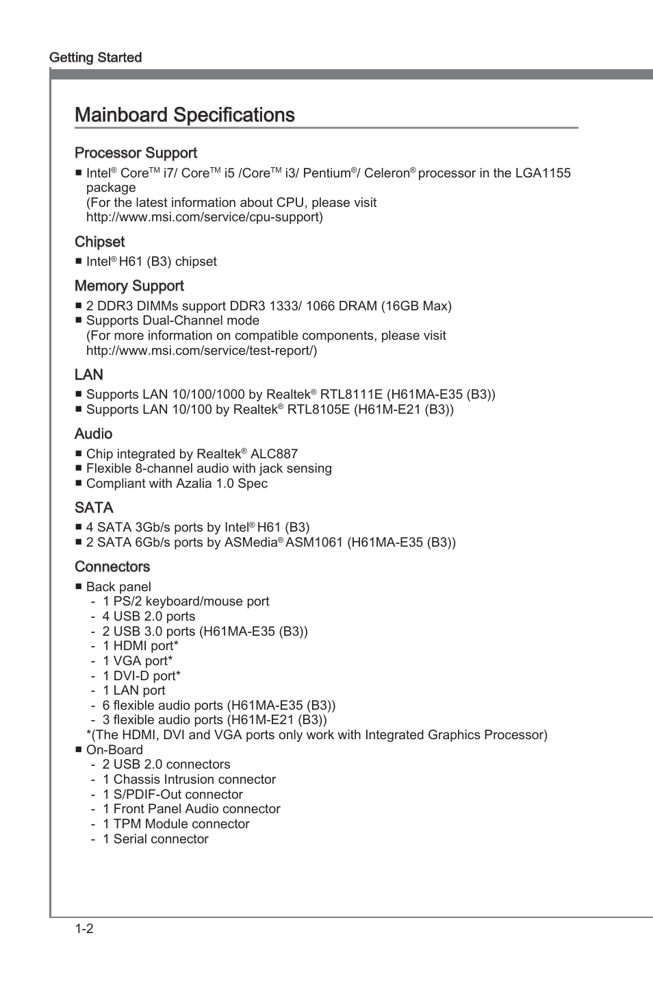Mainboard specifications, Mainboard specifications -2 | MSI H61MA-E35 (B3) User Manual | Page 10 / 58