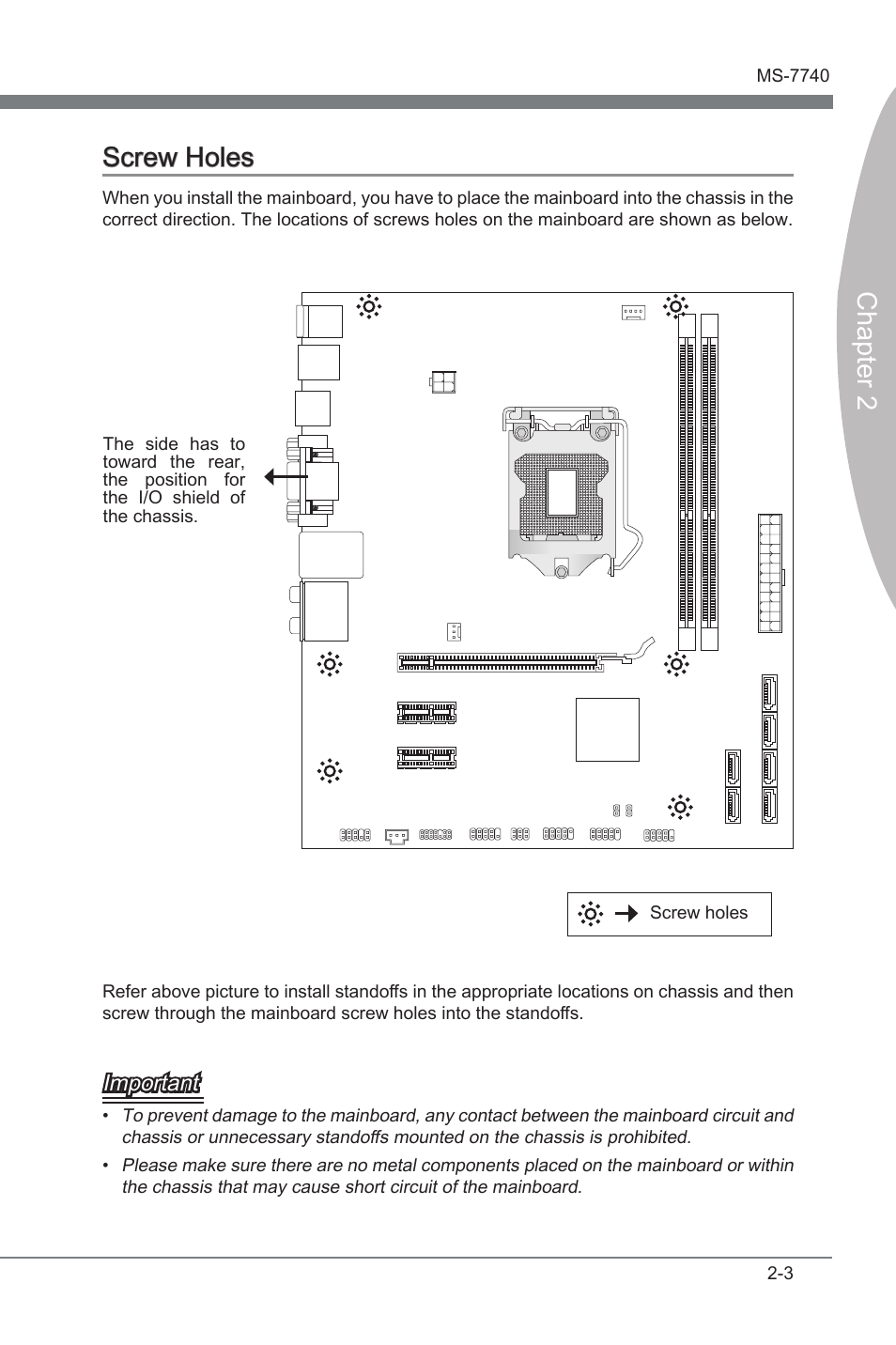 Screw holes, Screw holes -3, Chapter 2 screw holes | Important | MSI H61MA-E35 (B3) User Manual | Page 17 / 58