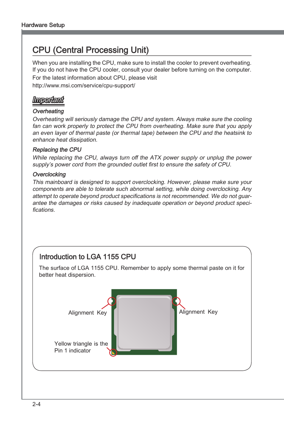 Cpu (central processing unit), Cpu (central processing unit) -4, Chapter 2 cpu (central processing unit) | Important, Introduction to lga 1155 cpu | MSI H61MA-E35 (B3) User Manual | Page 18 / 58
