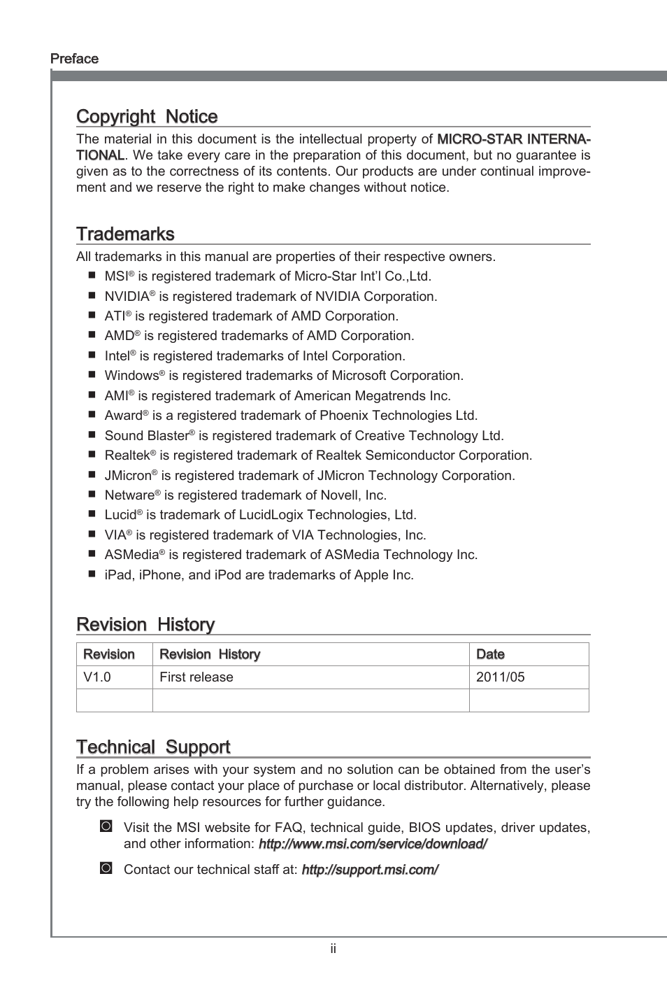 Copyright notice, Trademarks, Revision history | Technical support, Preface | MSI H61MA-E35 (B3) User Manual | Page 2 / 58