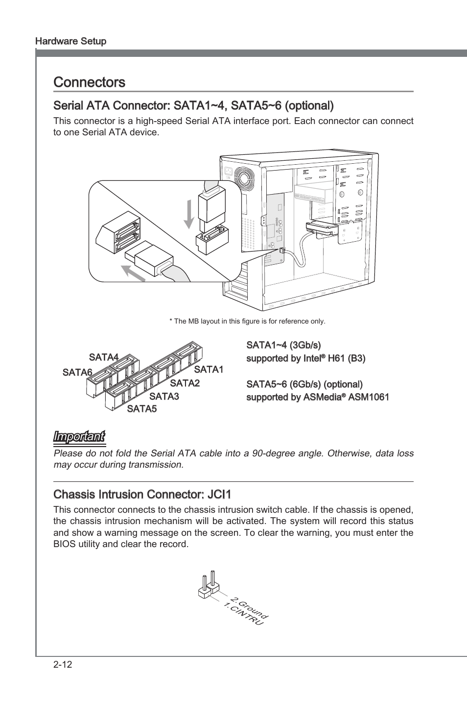 Connectors, Connectors -12, Chapter 2 connectors | Serial ata connector: sata1~4, sata5~6 (optional), Important, Chassis intrusion connector: jci1 | MSI H61MA-E35 (B3) User Manual | Page 26 / 58