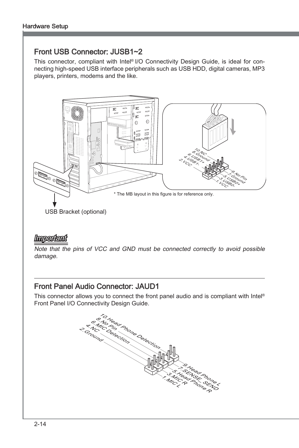 Chapter 2, Front usb connector: jusb1~2, Important | Front panel audio connector: jaud1 | MSI H61MA-E35 (B3) User Manual | Page 28 / 58