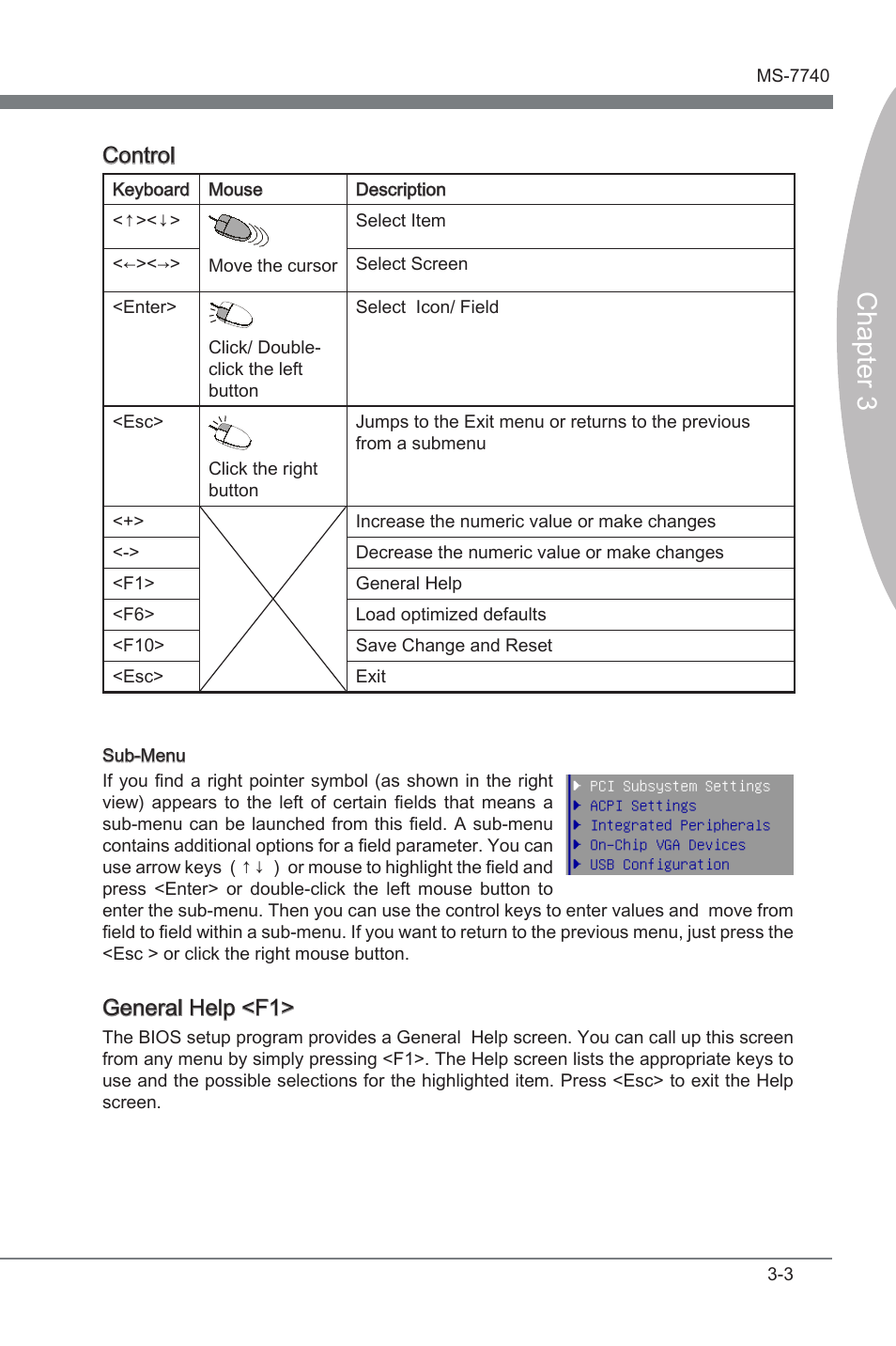 Chapter 3, Control, General help <f1 | MSI H61MA-E35 (B3) User Manual | Page 35 / 58