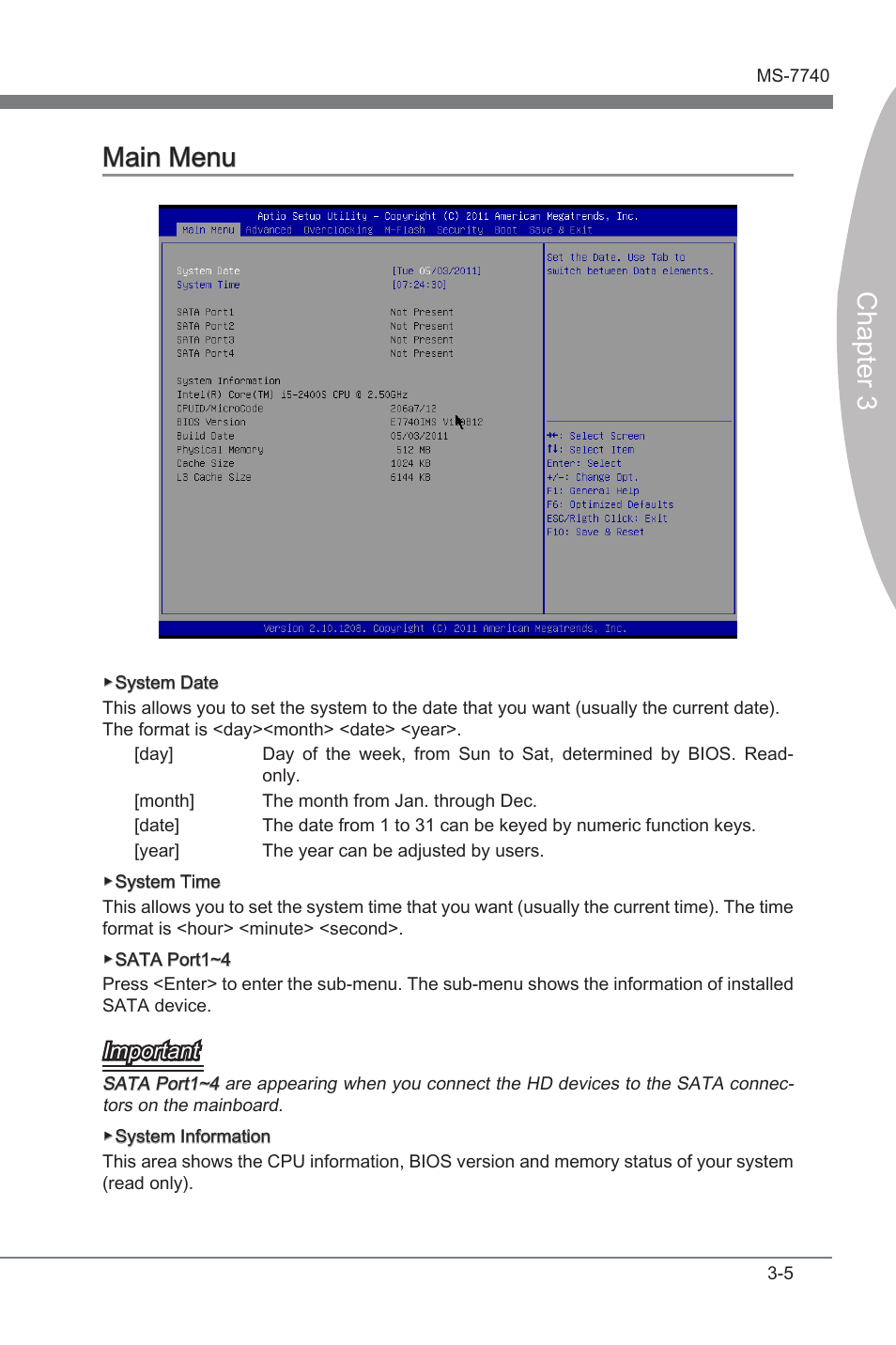 Main menu, Main menu -5, Chapter 3 main menu | Important | MSI H61MA-E35 (B3) User Manual | Page 37 / 58