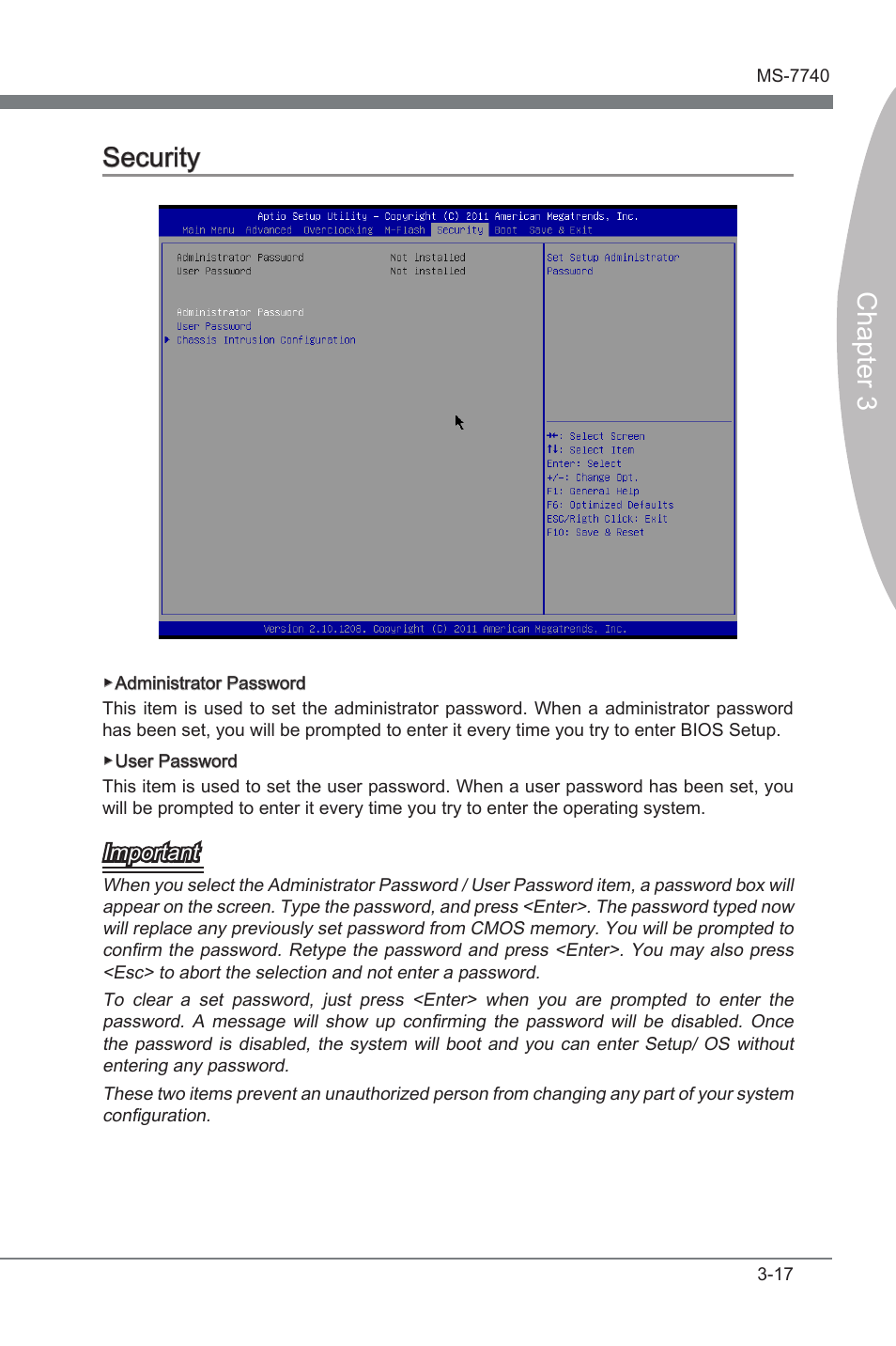 Security, Security -17, Chapter 3 security | Important | MSI H61MA-E35 (B3) User Manual | Page 49 / 58