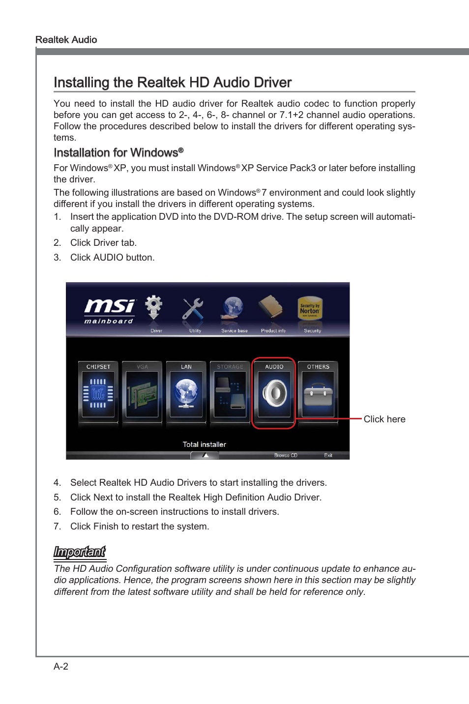 Installing the realtek hd audio driver, Appendix a installing the realtek hd audio driver, Installation for windows | Important | MSI H61MA-E35 (B3) User Manual | Page 54 / 58