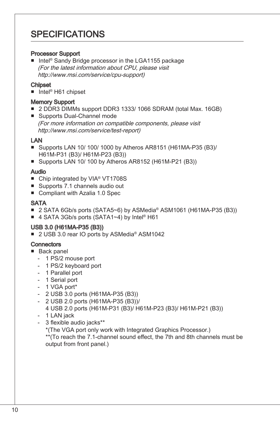 Specifications | MSI H61M-P21 (B3) User Manual | Page 10 / 137